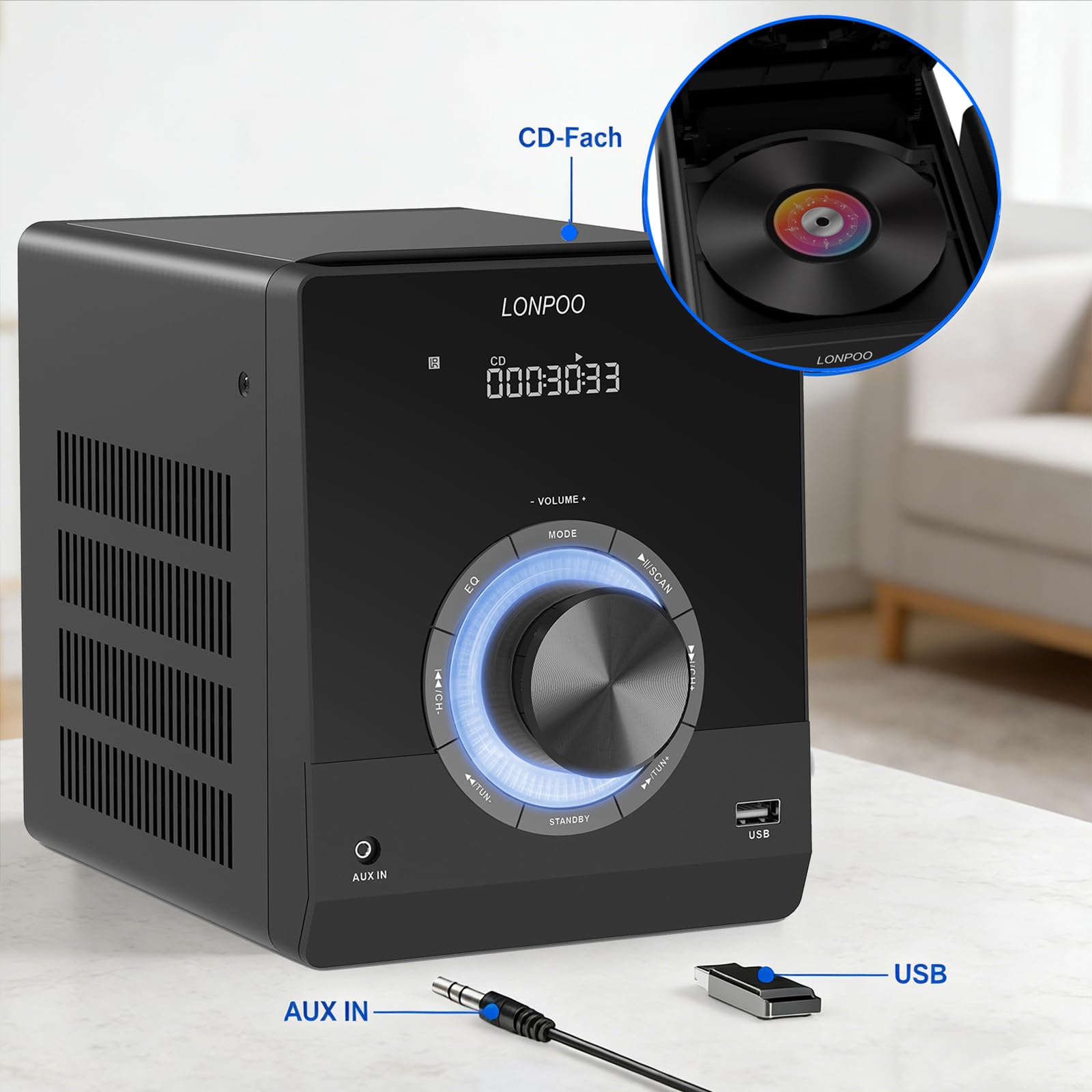 Compact Stereo System Speakers with CD Player, Bluetooth, FM Radio, Aux-in, USB-in, Earphone Jack, DSP-Tech, Remote, 30W Crisp-Sound Shelf Stereo System for Home
