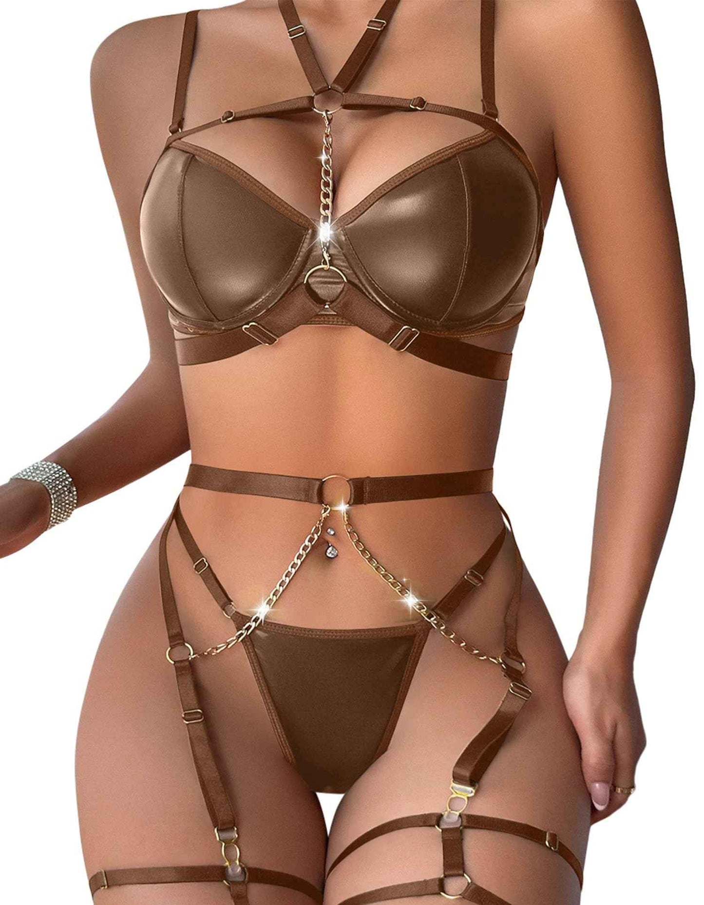 Lilosy Sexy PU Leather Garter Belt Lingerie Set with Underwire Straps