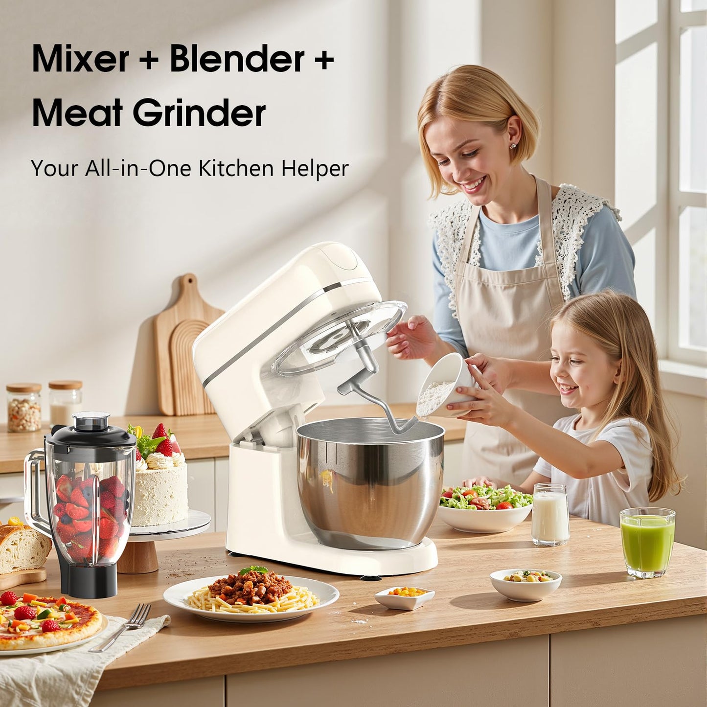 Honinst 7-IN-1 Multifunctional Stand Mixer, 6.5 QT 8-Speed Tilt-Head Kitchen Mixer, Electric Food Mixer with Meat Grinder, Juice Blender, Dough Hook, Beater, Whisk, Bowl for Most Home Cooks