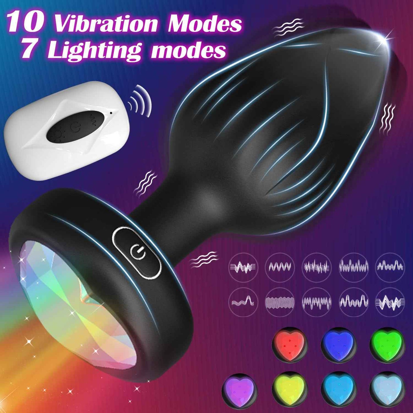 Anal Plug Adult Sex Toys - 10 Modes Vibrating Butt Plug with Crystal Diamond Colours Light Up Base Remote Control Vibrators, Prostate Massager for Men Women, Couples