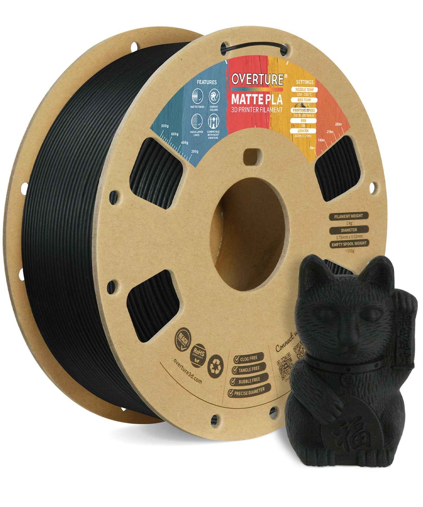 OVERTURE Matte PLA 3D Printer Filament 1.75mm, Matt Surface & Low Warping Filament 1kg Spool (2.2 lbs), Accuracy +/- 0.02 mm, Fit Most FDM Printers
