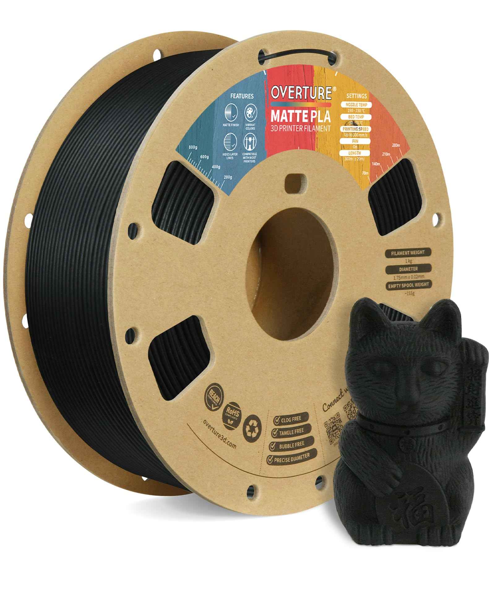OVERTURE Matte PLA 3D Printer Filament 1.75mm, Matt Surface & Low Warping Filament 1kg Spool (2.2 lbs), Accuracy +/- 0.02 mm, Fit Most FDM Printers