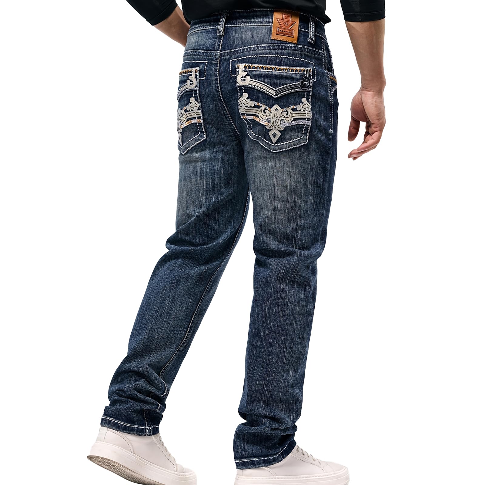 Men's Jeans - Embroidery Washed Crackle Design Jeans Relaxed Fit Stretch Casual Jeans Comfortable Classic Fit Jeans