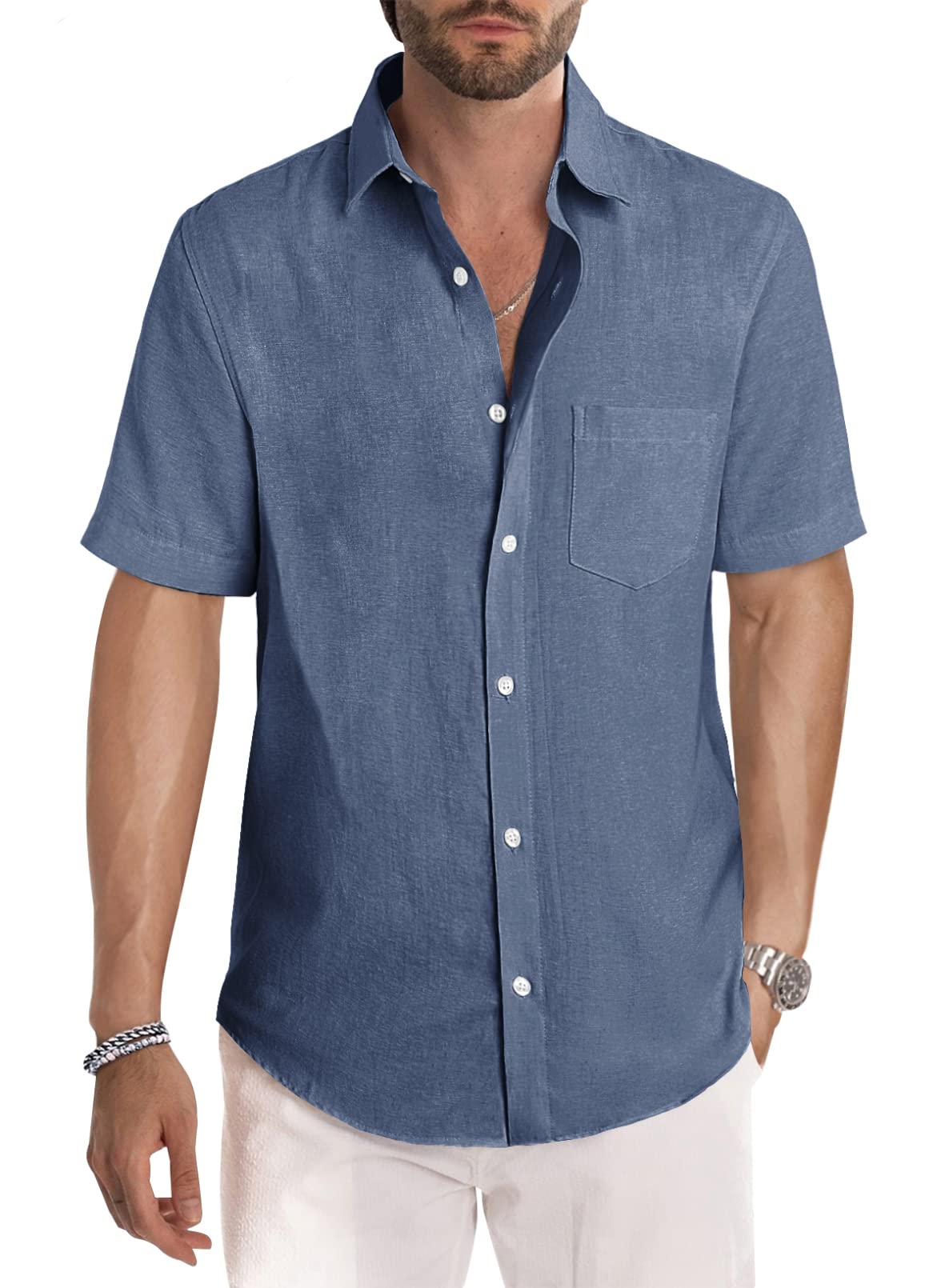 JMIERR Men's Casual Stylish Short Sleeve Button-Up Striped Dress Shirt Cotton Beach Shirts