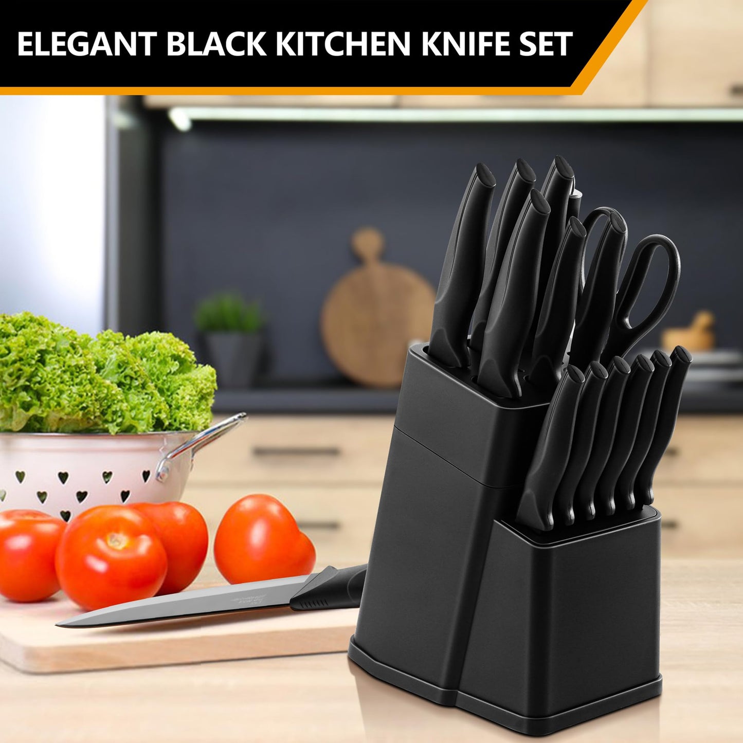 E-far 15-Piece Black/Khaki/White/Pink/Walnut Kitchen Knife Block Set