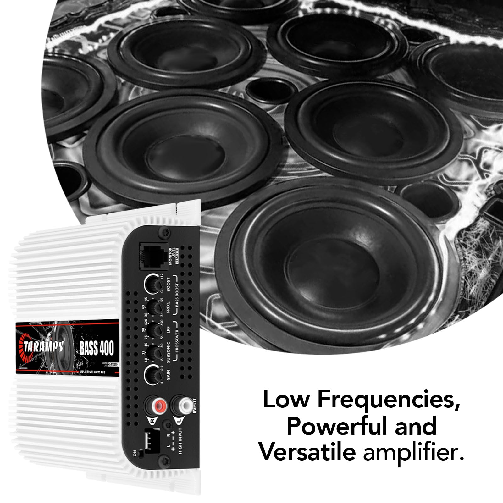 Taramps BASS 400 1 Ohm 1 Channel Mosfet Amplifier 400 Watts RMS, Monoblock, Crossover, Bass Boost, RCA/High Level Input, Class D, Car Audio, Monitor Level Remote/M1 Led Monitor, Great for Subwoofers