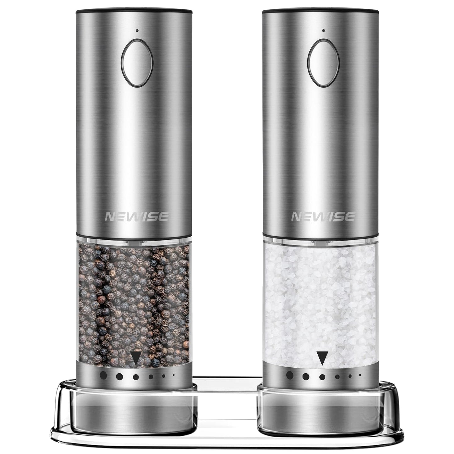 Newise Electric Salt and Pepper Grinder Set, Rechargeable Salt and Pepper Shakers with Wood Base, Adjustable Coarseness, Large Capacity, Stainless Steel