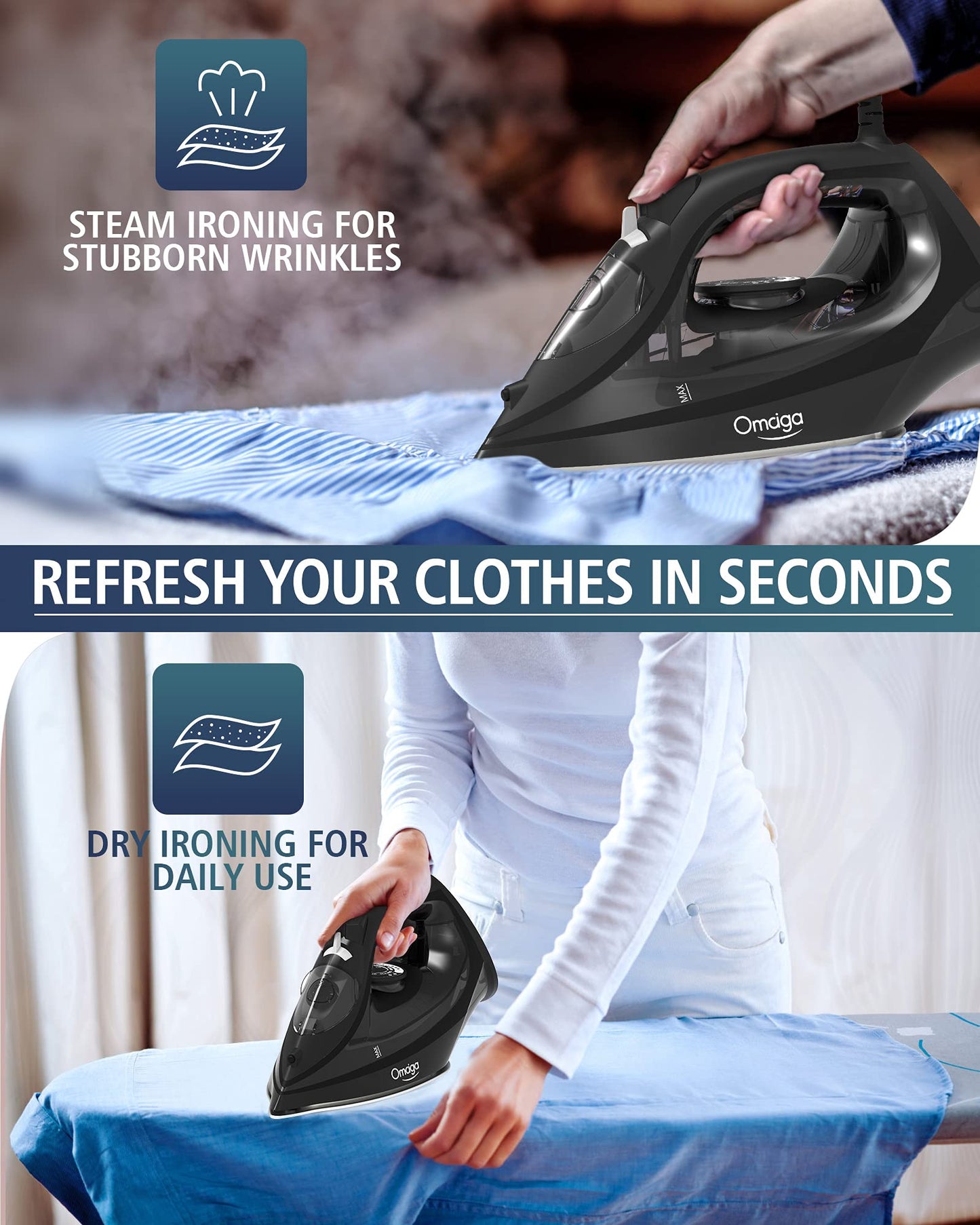 OMAIGA Steam Iron for Clothes, Cordless Clothes Iron for Home