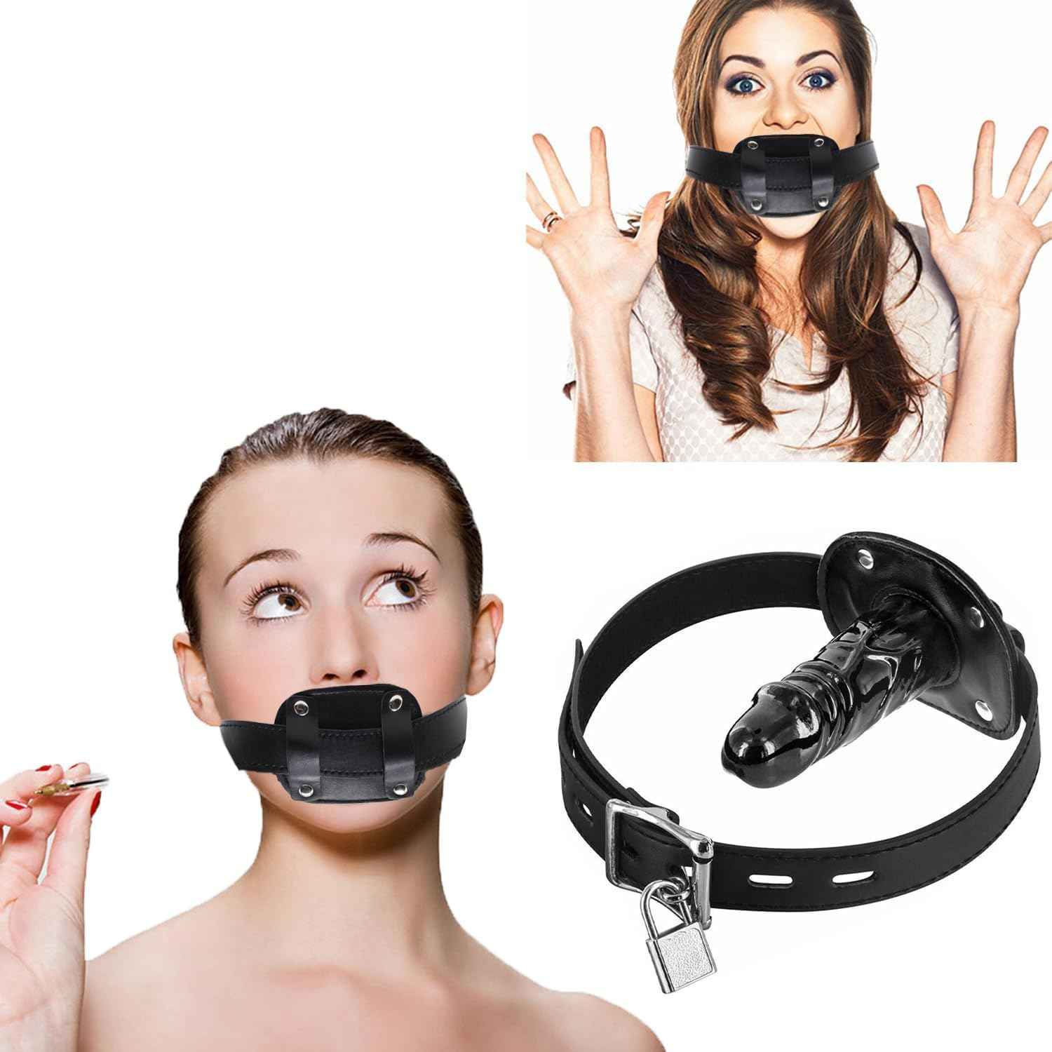 Dildo Gag SM Realistic Silicone Penis Mouth Ball Gag with Lock Adjustable Leather Bondage Restraints Straps for Adult Couples BDSM Sex Game Fantasy Mouth Sex Toy
