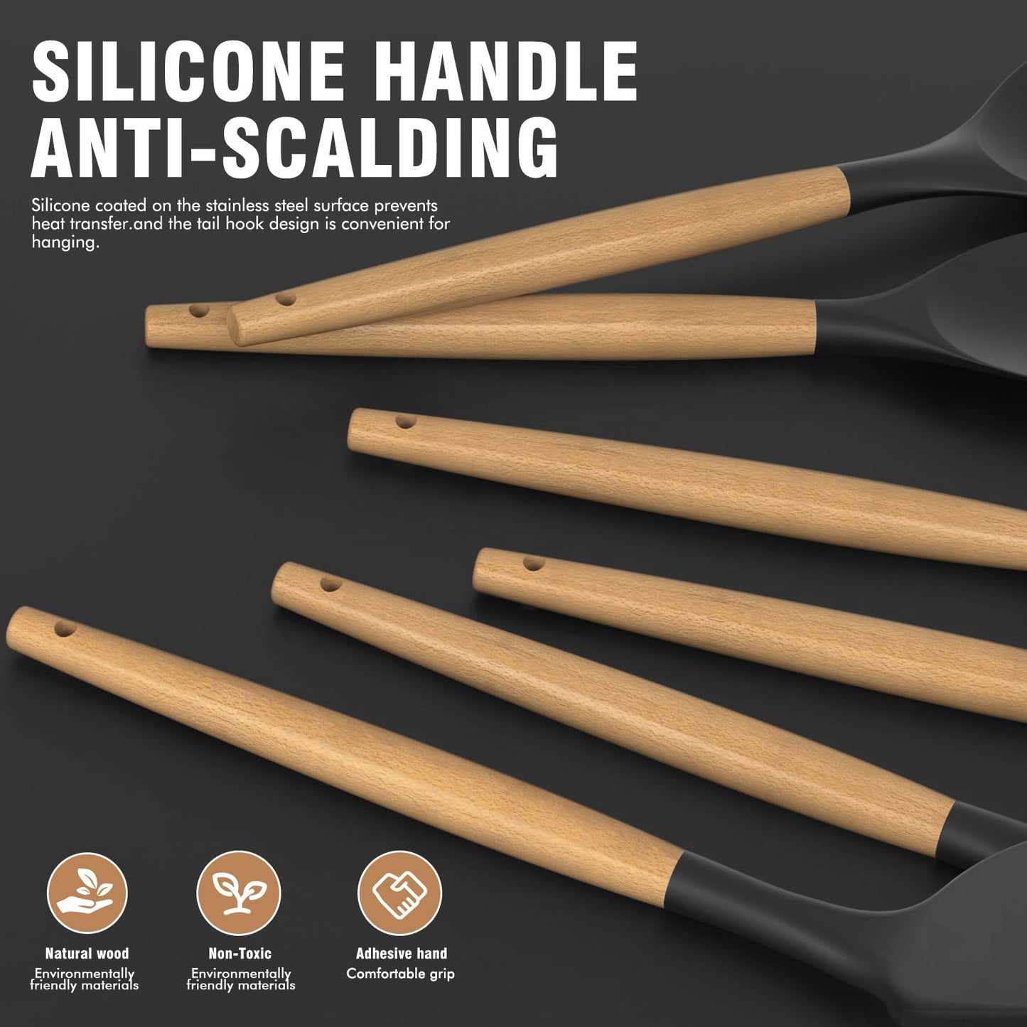 14 Pcs Silicone Cooking Utensils Kitchen Utensil Set - 446°F Heat Resistant,Turner Tongs, Spatula, Spoon, Brush, Whisk, Wooden Handle Gray Kitchen Gadgets with Holder for Nonstick Cookware (BPA Free)