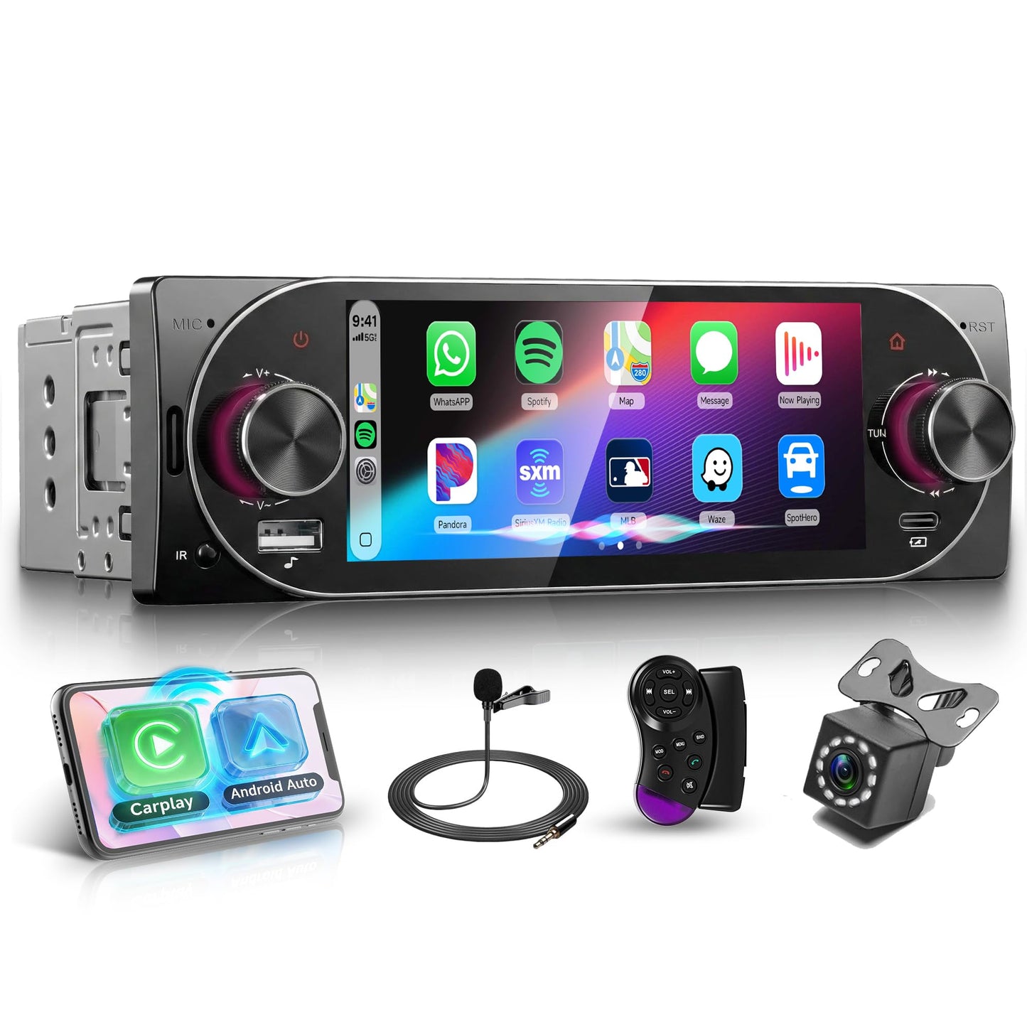 Rimoody Single Din Car Stereo with Wireless CarPlay & Android Auto, 5.1 Inch Touch Screen Car Radio with Bluetooth 5.2, FM/RDS, EQ, SWC/MIC, USB/Type-C, Backup Camera Car Audio Receiver