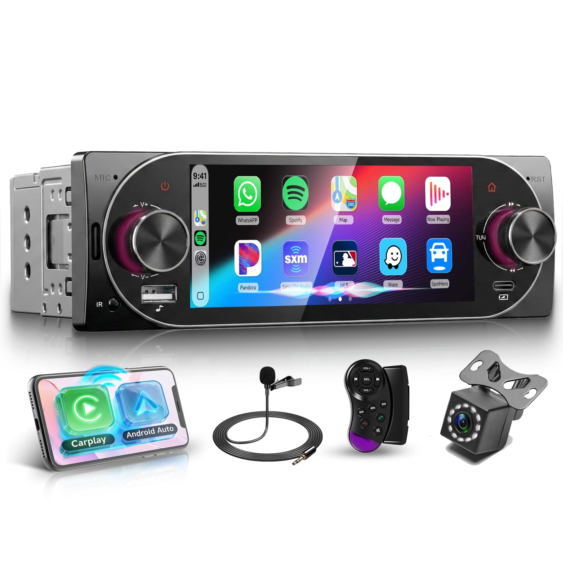 Rimoody Single Din Car Stereo with Wireless CarPlay & Android Auto, 5.1 Inch Touch Screen Car Radio with Bluetooth 5.2, FM/RDS, EQ, SWC/MIC, USB/Type-C, Backup Camera Car Audio Receiver