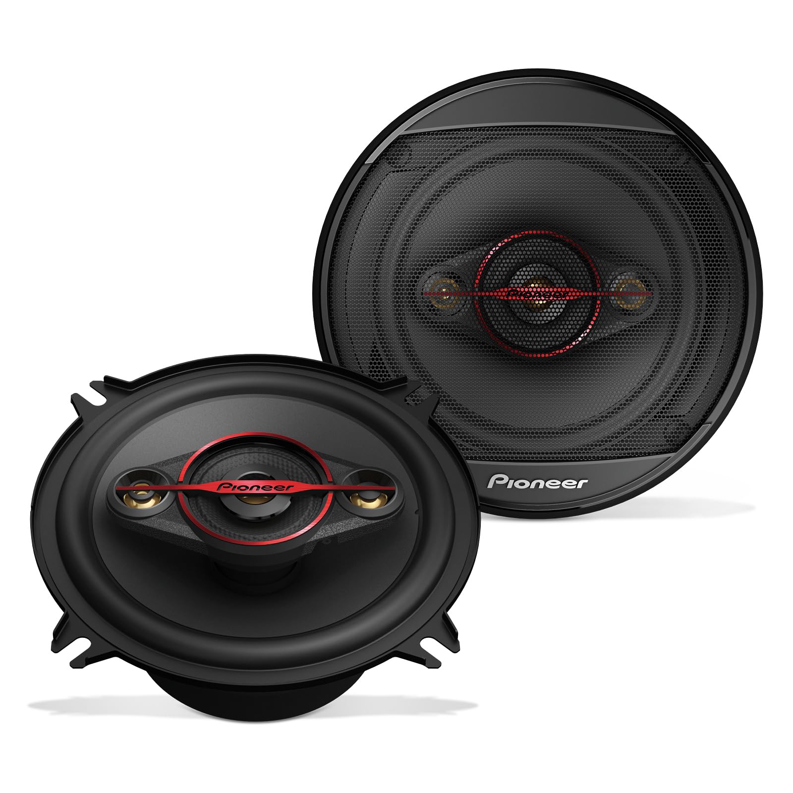 PIONEER TS-501M 4-Way Coaxial Car Audio Speakers (Pair) - 5-1/4' Round, 300 W Max Power, Black and Red