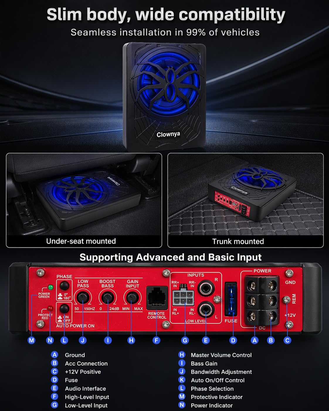 10" 1200W Slim Under-Seat Powered Car Subwoofer with Built-in Amplifier, High/Low Level Inputs, Blue LED Ambient Light, Remote Control for Gain, Bass Boost & LPF, Deep Bass for Truck/SUV/Jeep/MPV
