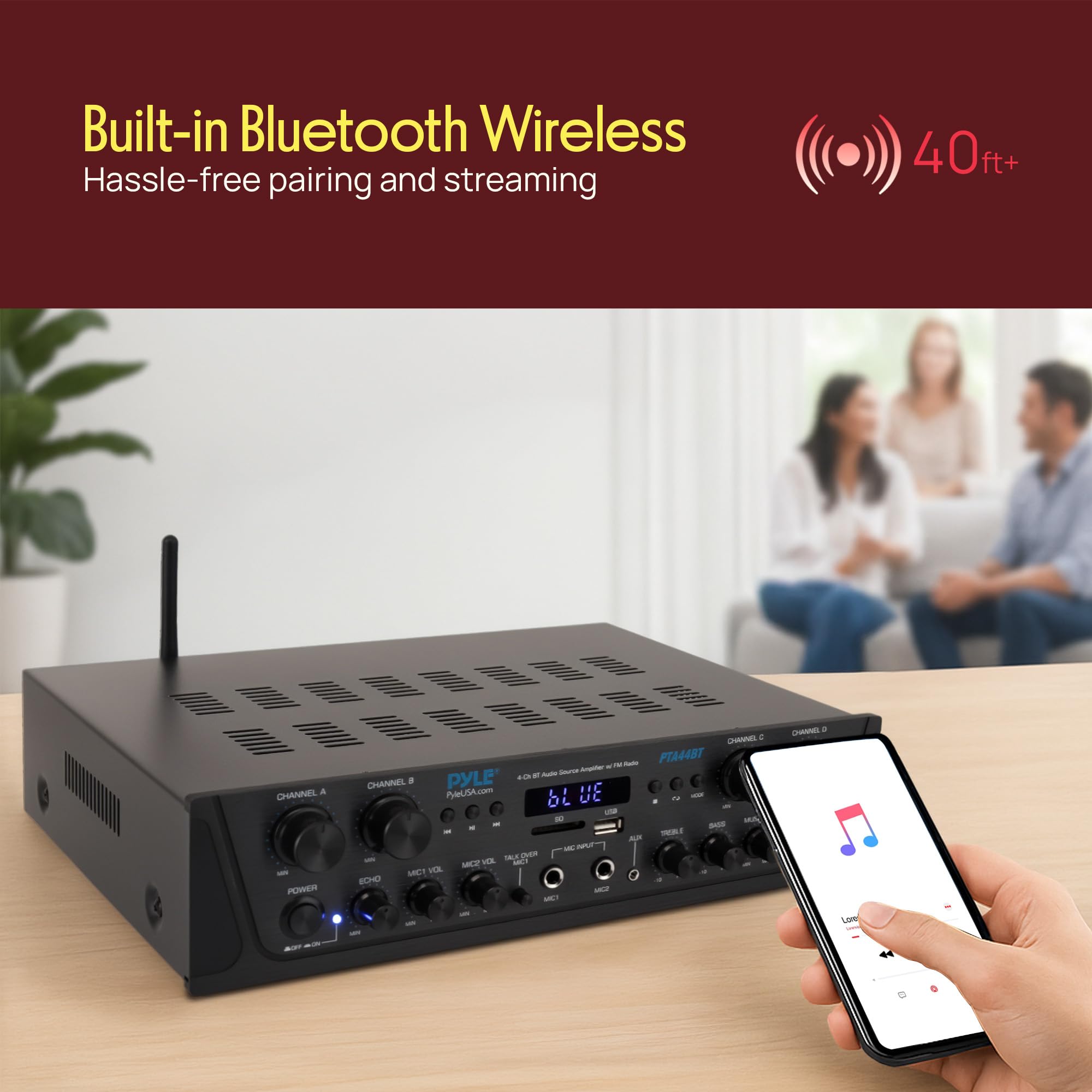 Pyle 4-Channel Audio Amplifier with Bluetooth - Home Stereo Receiver w/ 500W Max Power - Commercial or Karaoke - Dual Mic Input with Echo, Vol, Talk-Over - AUX In - Sub Out - USB-A MP3 Player, AM/FM
