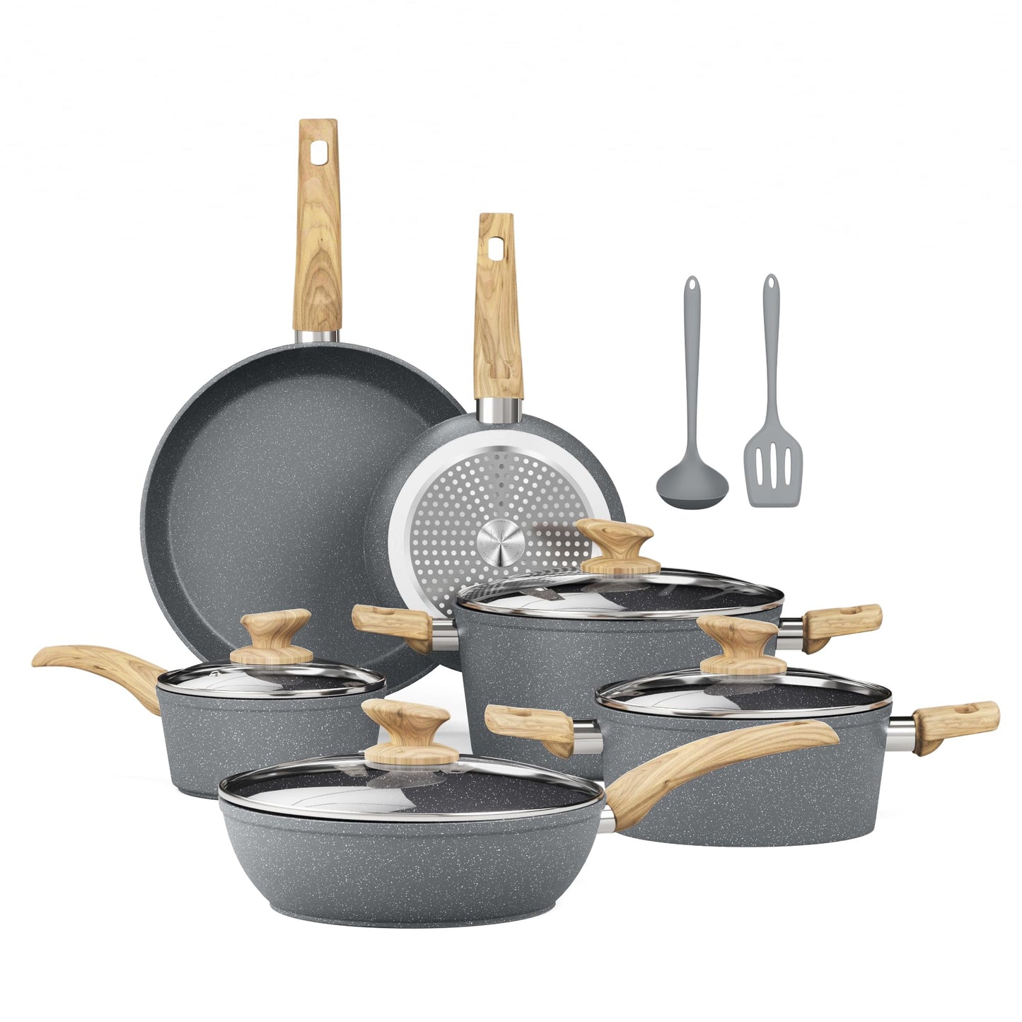 Induction Kitchen Cookware Sets - 12 Piece Cooking Pan Nonstick Set, Granite Black Pots and Pans Set