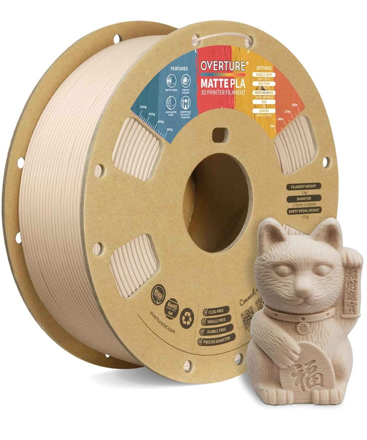 OVERTURE Matte PLA 3D Printer Filament 1.75mm, Matt Surface & Low Warping Filament 1kg Spool (2.2 lbs), Accuracy +/- 0.02 mm, Fit Most FDM Printers