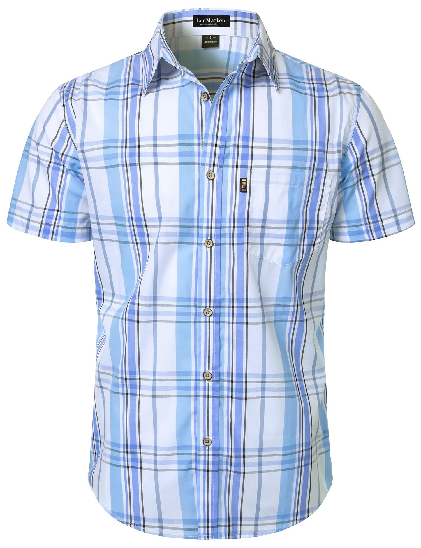 LucMatton Men's Gingham Short Sleeve Button Down Shirt Cotton Regular Fit Plaid Dress Shirts with Pocket