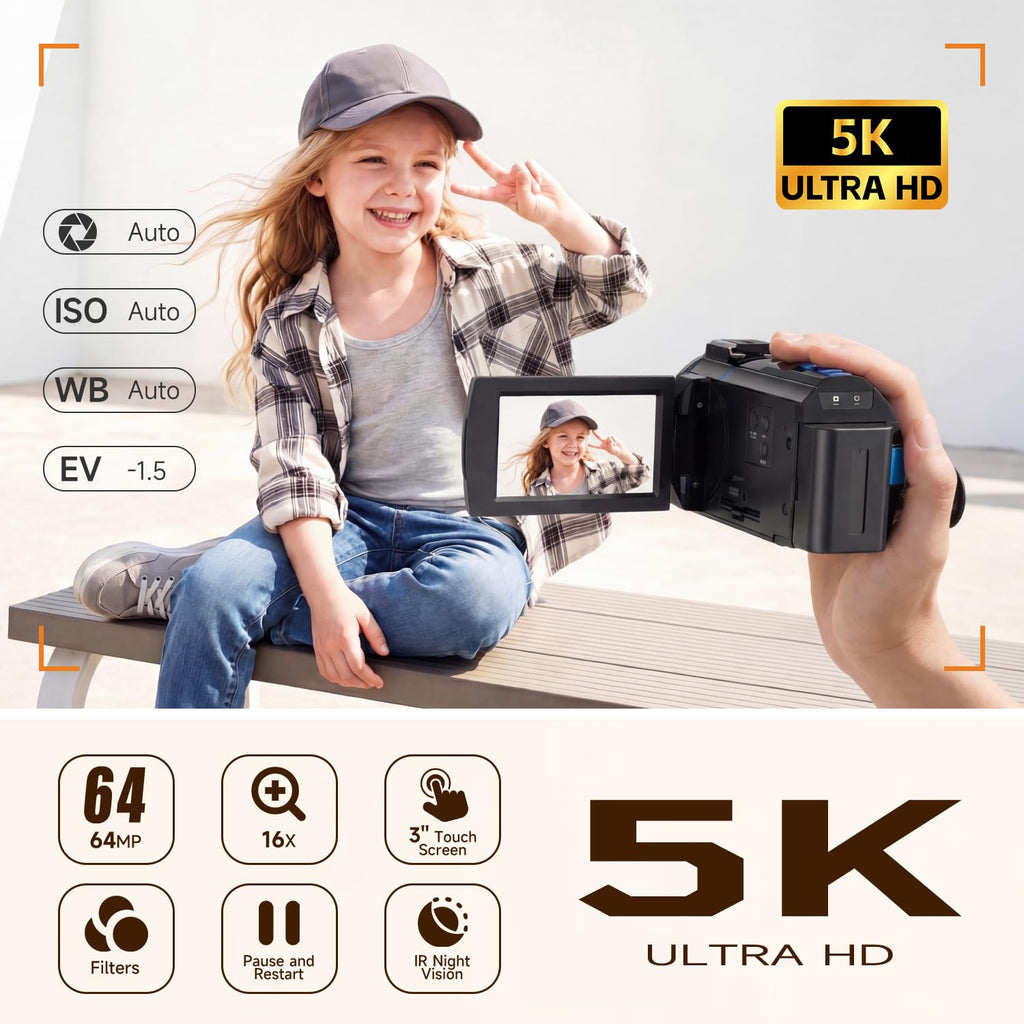 TryTalk 5K Video Camera Camcorder UHD 64MP Vlogging Camera for YouTube with 3.0” 270° Rotatable Touchscreen, 16X Zoom Video Recorder with IR Night Vision/External Microphone