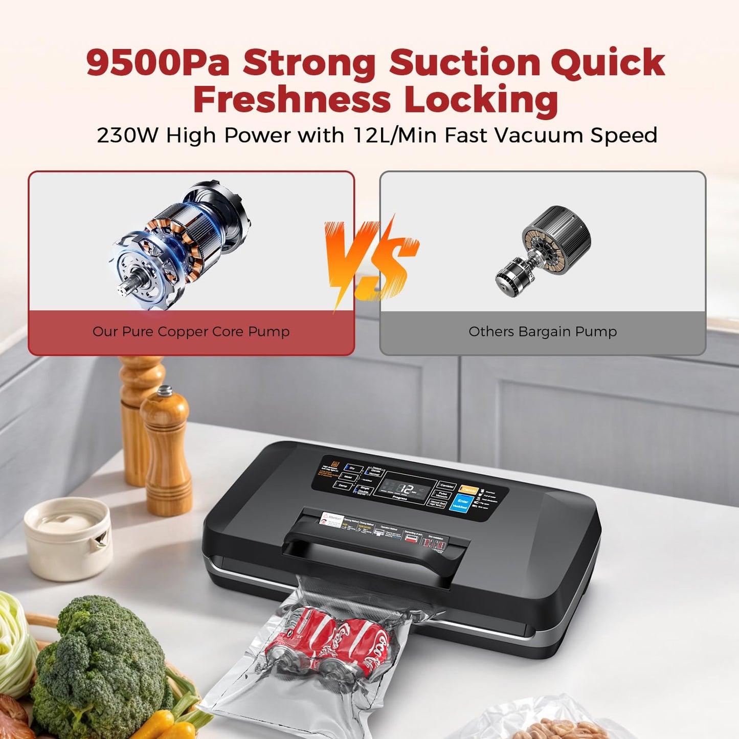Vacuum Sealer for Food, 10 Modes 95KPa vacuum sealer for Wet/Dry Food, Automatic Food Vacuum Sealer Machine with Double Seal Strip