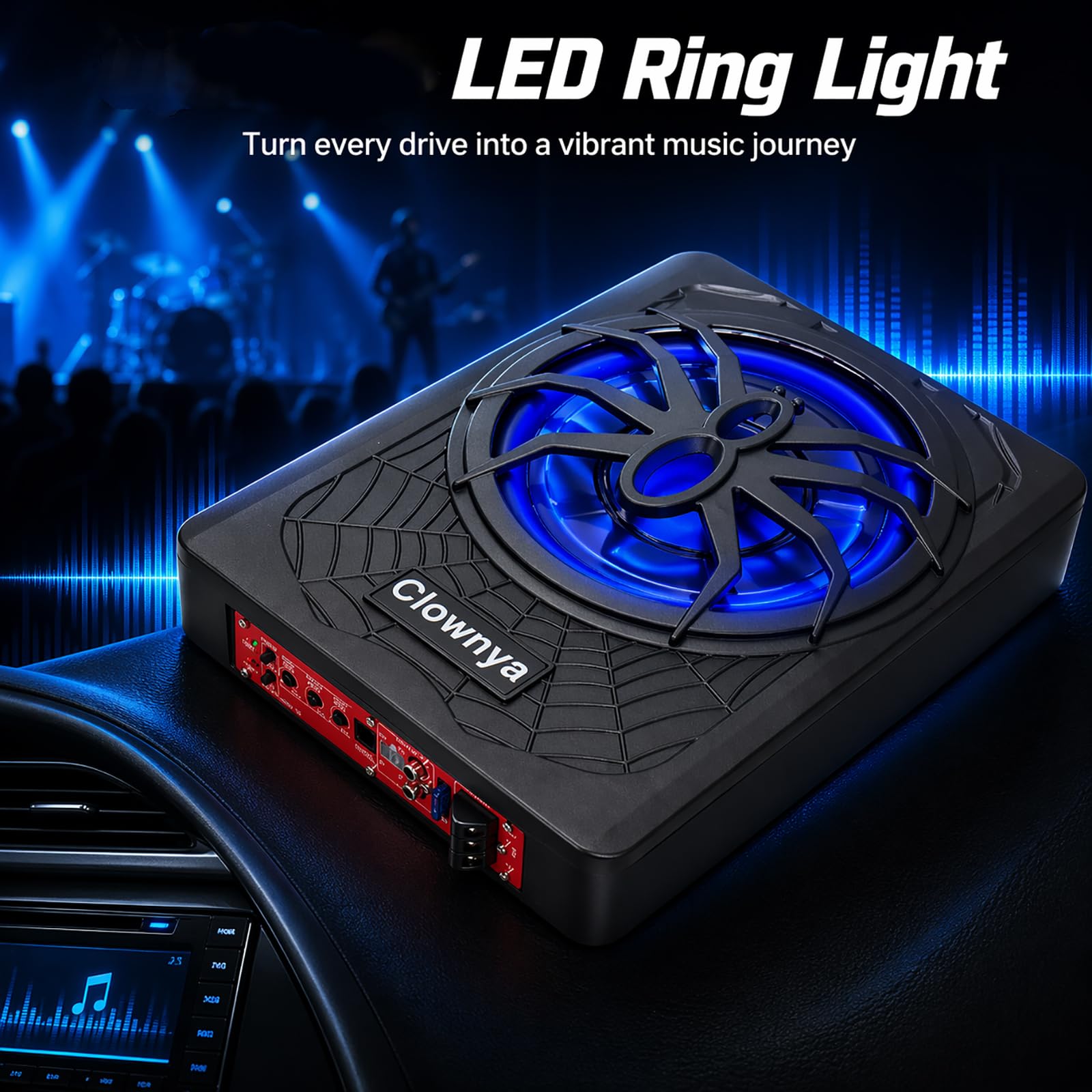 10" 1200W Slim Under-Seat Powered Car Subwoofer with Built-in Amplifier, High/Low Level Inputs, Blue LED Ambient Light, Remote Control for Gain, Bass Boost & LPF, Deep Bass for Truck/SUV/Jeep/MPV