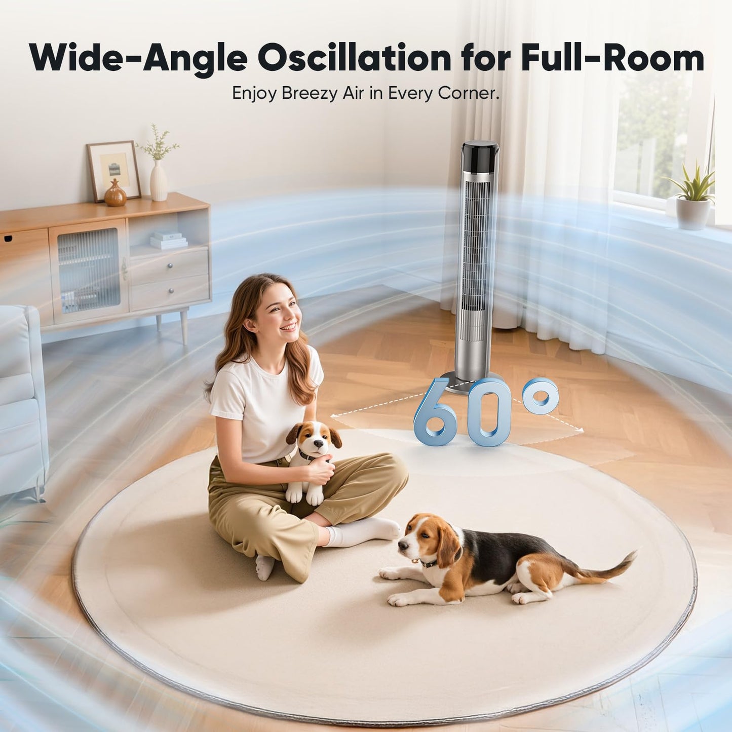 OLIXIS Tower Fan for Bedroom, 60°Oscillating Fan with Remote, 25ft Far, 28dB Quiet Electric Standing Fan, 12 H Timer, 5 Speeds, 4 Modes, Bladeless Floor fan for Home, Office, Indoor, 36 Inch