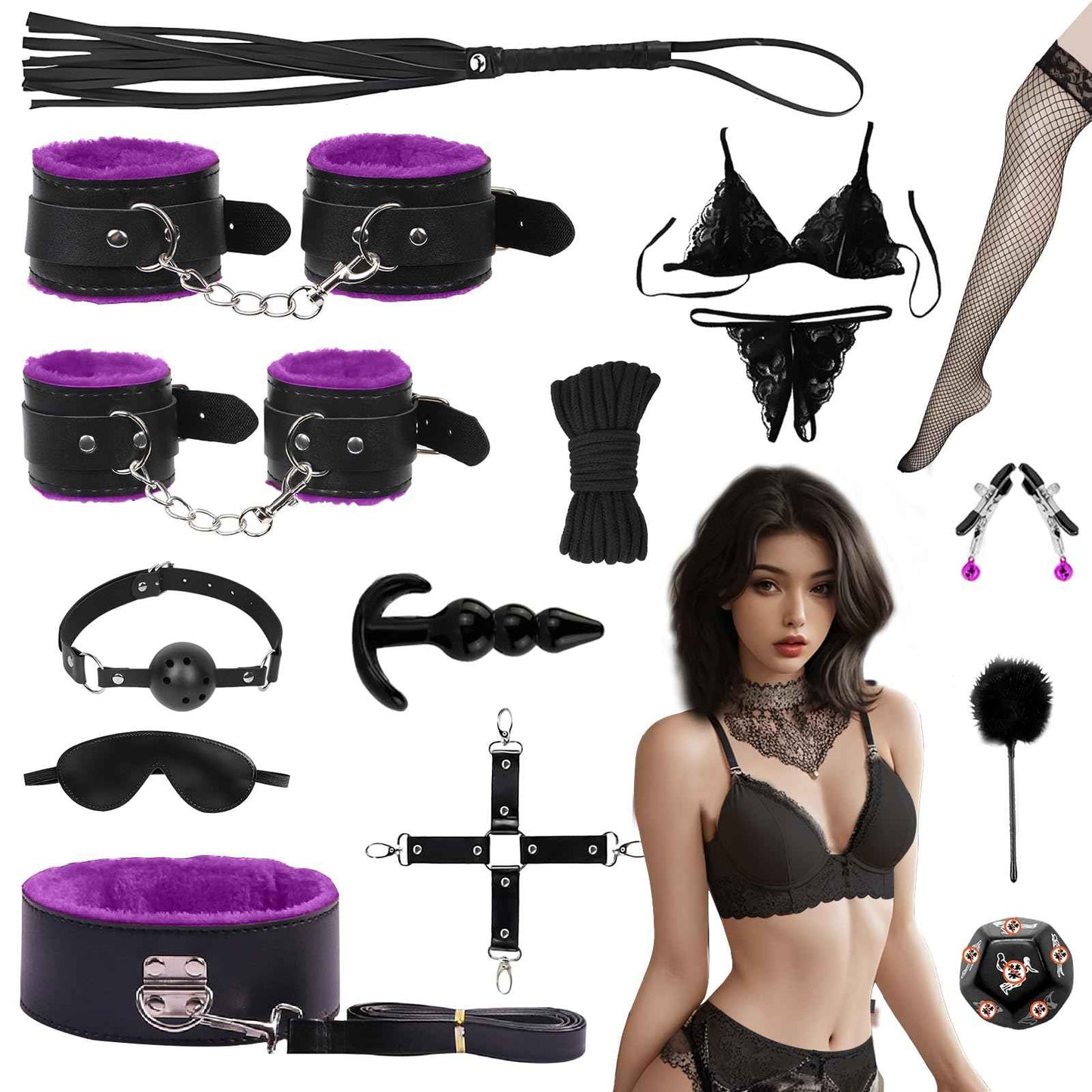 15 PCS Sex Bondage BDSM Kits Restraints, Fetish Handcuffs Ankle Cuff Collar Blindfold Whip Rope Nipple Clamps Paddle Anal Toys Ball Gag Adult Games Foreplay Toys for Couples