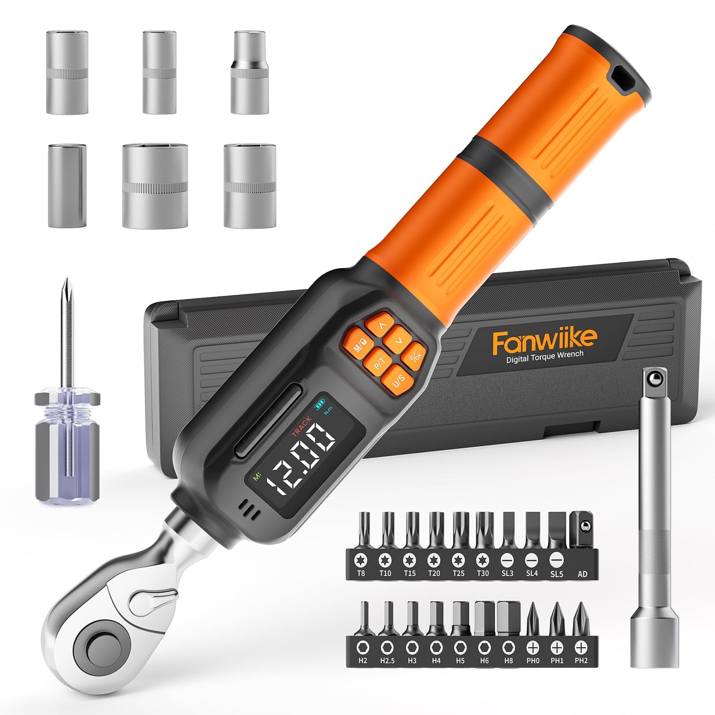 Fanwiike Digital Torque Wrench, Inch Pound Torque Wrench Electronic with Buzzer & LCD Indicator, Electric Torque Wrench Set for Cars Automotive Motorcyce