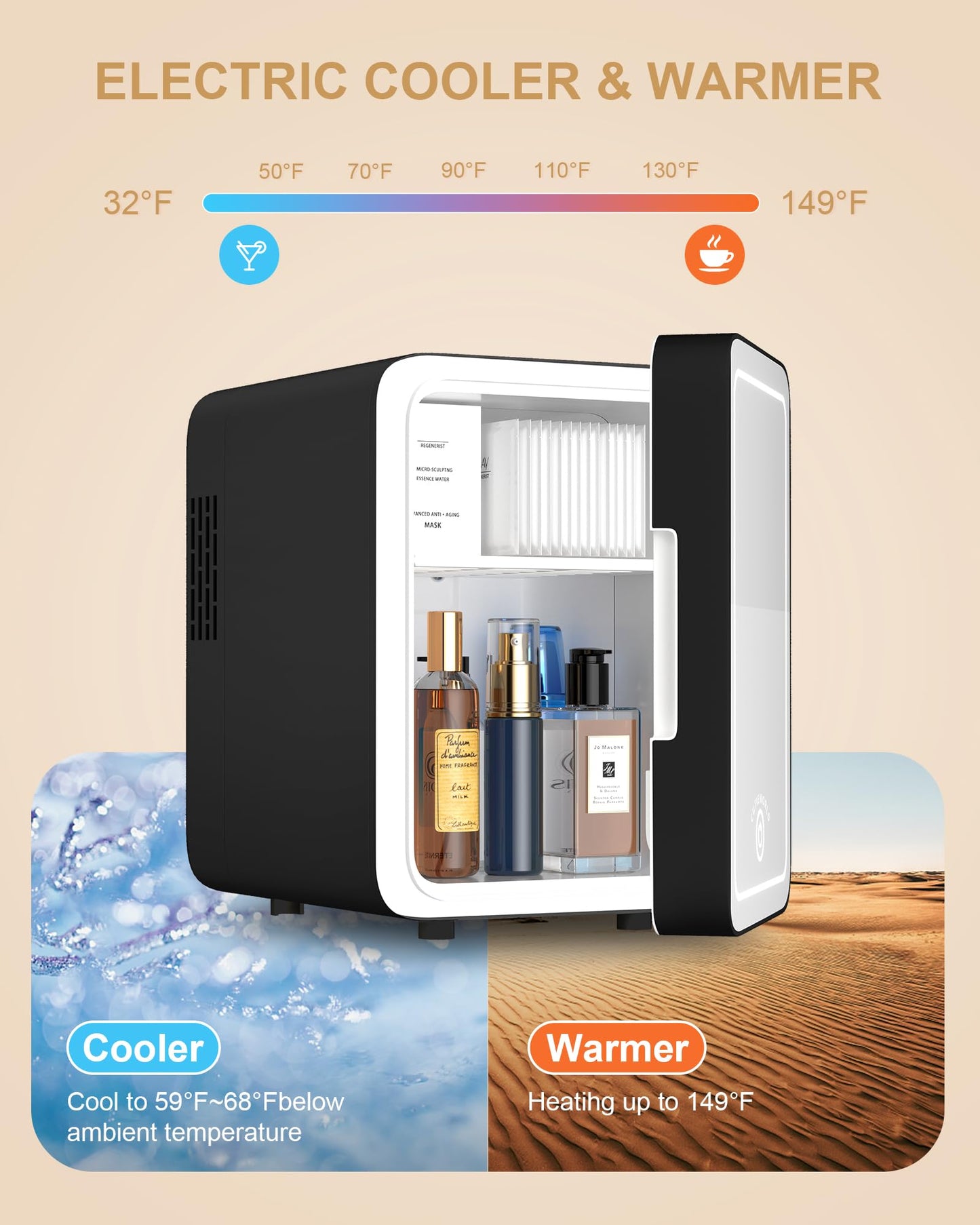 CUTIEWORLD Skincare Fridge With Dimmable LED Light Mirror