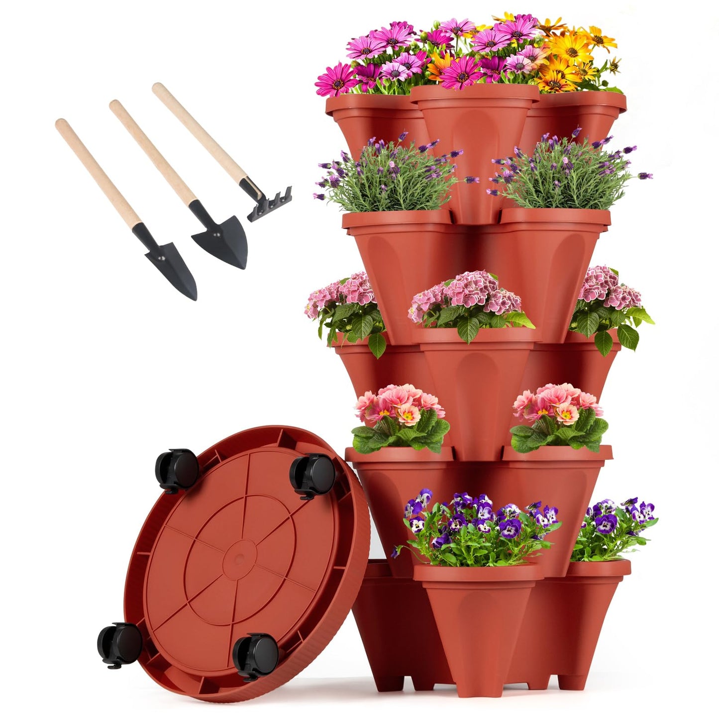 GameXcel Vertical Planter Tower - Multi-Tier Stackable Garden Planters with Wheels and Tools Plant Pots for Strawberry Herb Flower and Vegetable Indoor Outdoor Use Multicolor