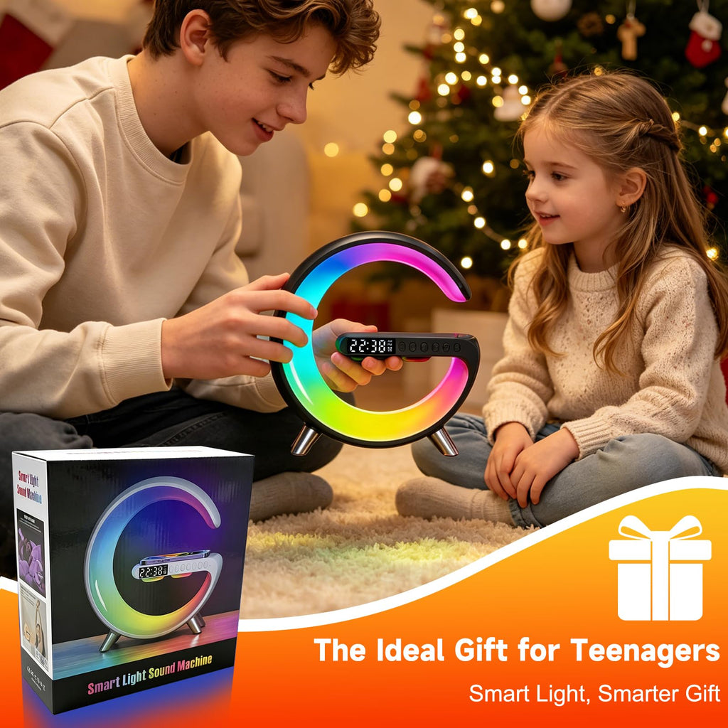 WEKEFON Smart LED Alarm Clock, Wireless Charger with Portable Small Speaker,Wireless Atmosphere Lamp,Multifunctional RGB Night Light & Charging Station,App Control