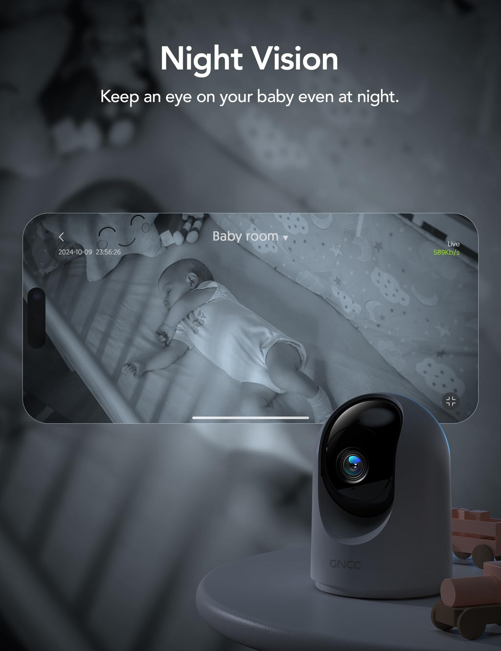 GNCC Indoor Security Camera, 2K Cameras for Home Security with Motion Detection, Baby/Pet Camera with Phone App, Night Vision, 2-Way Audio, TF/Cloud Storage, Works with Alexa & Google Home, 2.4G WiFi