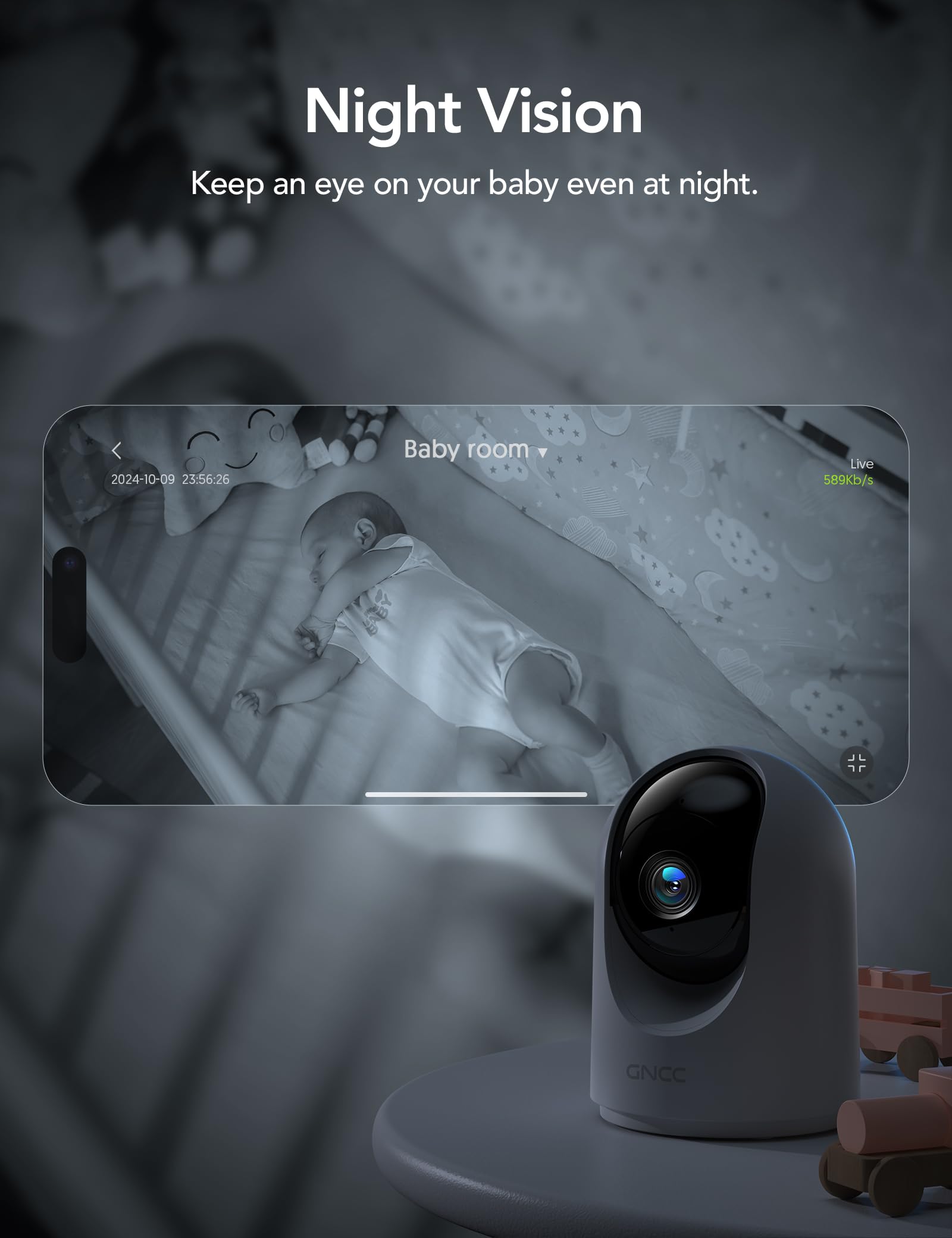 GNCC Indoor Security Camera, 2K Cameras for Home Security with Motion Detection, Baby/Pet Camera with Phone App, Night Vision, 2-Way Audio, TF/Cloud Storage, Works with Alexa & Google Home, 2.4G WiFi