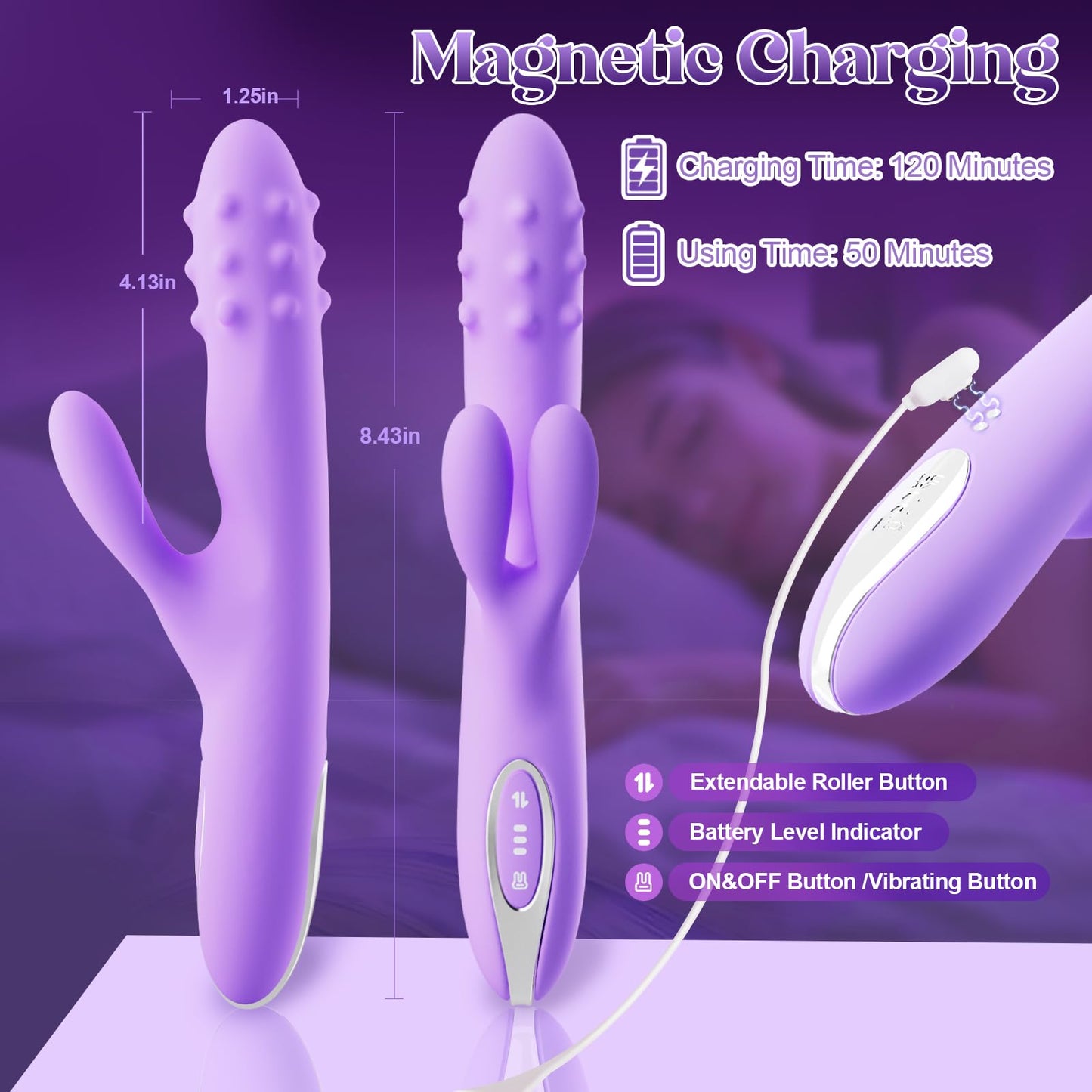 Vibrator Sex Toys Thrusting Dildo - Rolling G Spot Stimulator with Tri-Row 360°Rotating Beads + 10 Thrust + 10 Vibration for Dual Rabbit Ears, Ultra-Soft Liquid Silicone Adult Toy for Women Men Couple