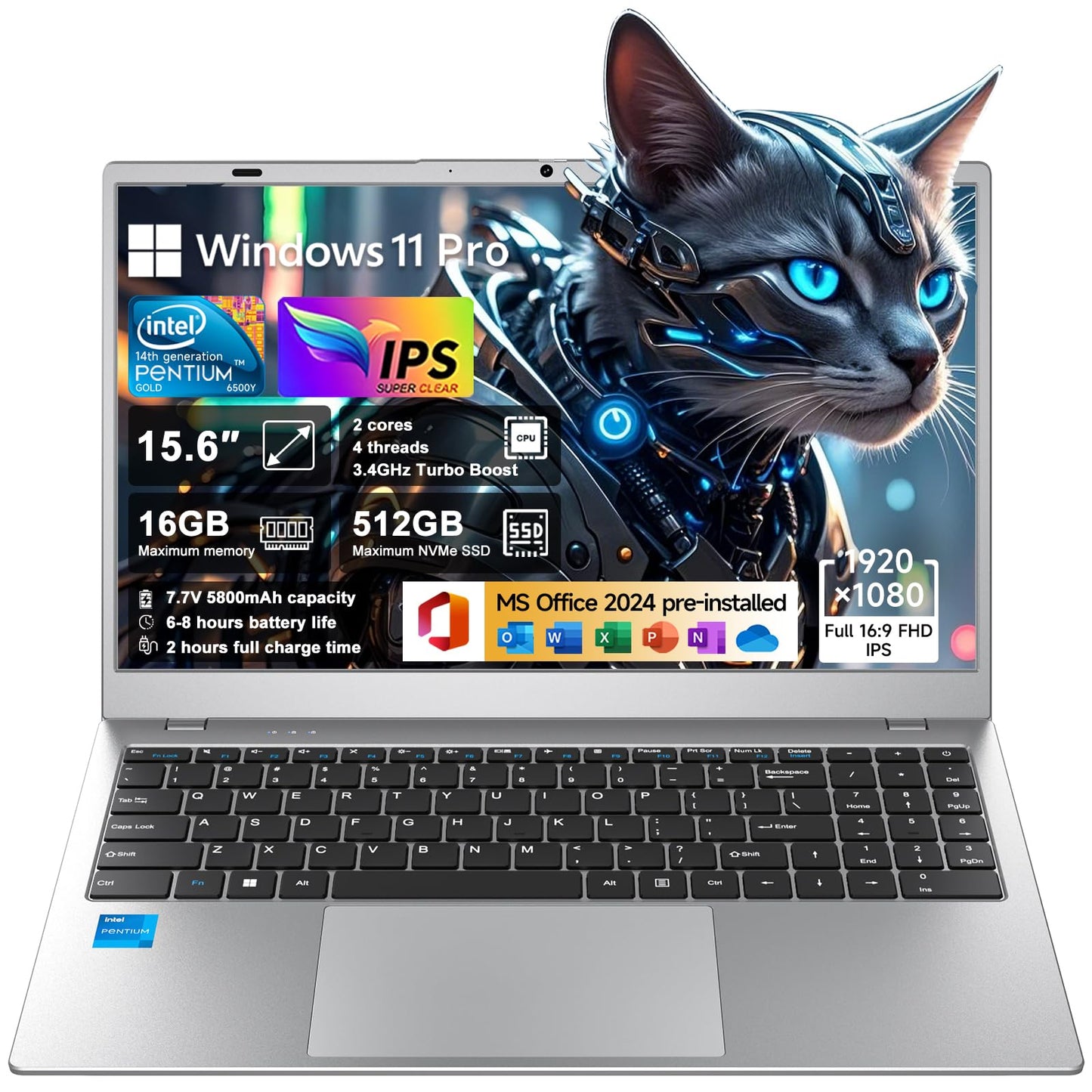 HPUMLSE Windows11 Por Intel Laptop,15.6″ Notebook PC,Privacy Camera Cover/Intel Pentium 6500Y/FHD1080/Type-C/7.7V 5800mAh/HDMI/for Student and Busines