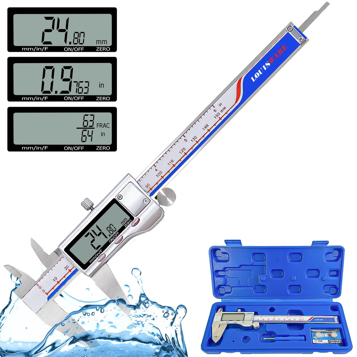 Digital Caliper, Caliper Measuring Tool with Stainless Steel, Electronic Micrometer Caliper with Large LCD Screen, Auto-Off Feature, Inch and Millimeter Conversion (6 Inch/150 mm)