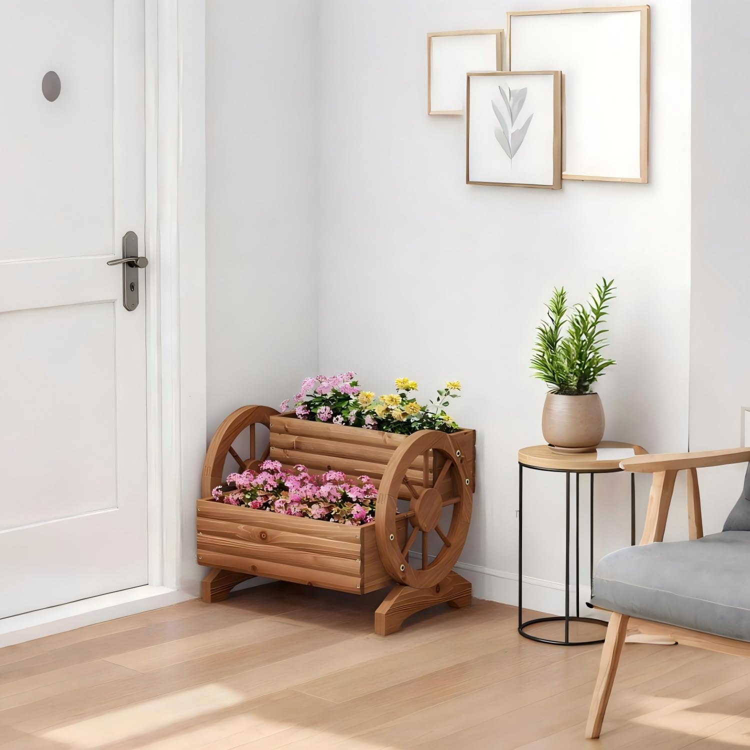 Wooden Wagon Planter Outdoor Flower Cart with Wheels Garden Planter, Decor Planter for Patio Balcony Decoration Succulent Flower Pot for Indoor Backyard Balcon Yard Decor planters