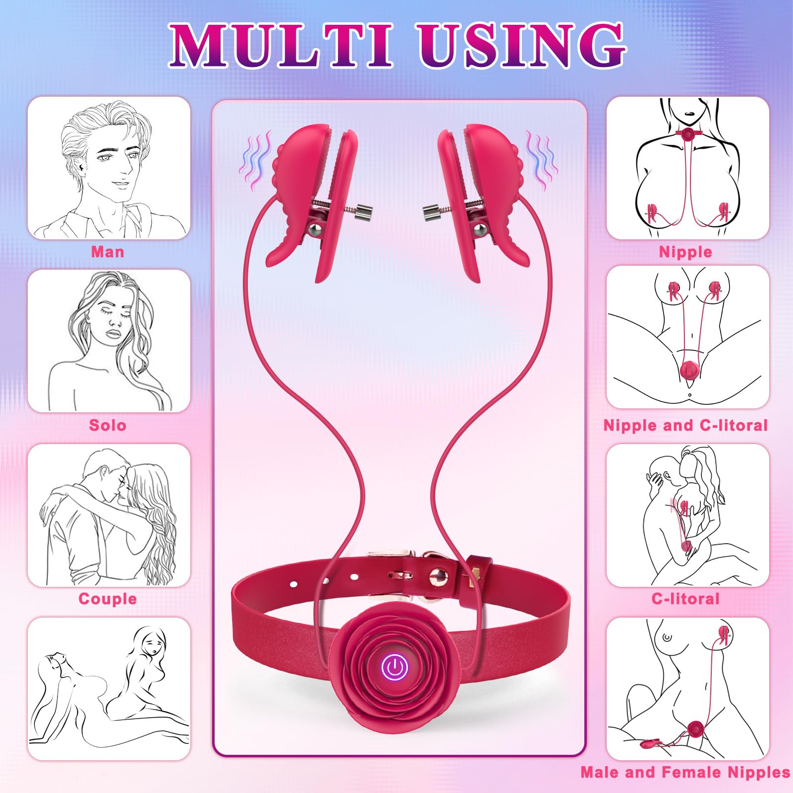 Nipple Toys Vibrator with BDSM Rose Necklace Sex Toys, Collahelper Nipple Clamps Sex Pleasure Tools for Women Couples, Adjustable Nipple Clips Vibrators with BDSM Choker Breast Flirting Stimulate