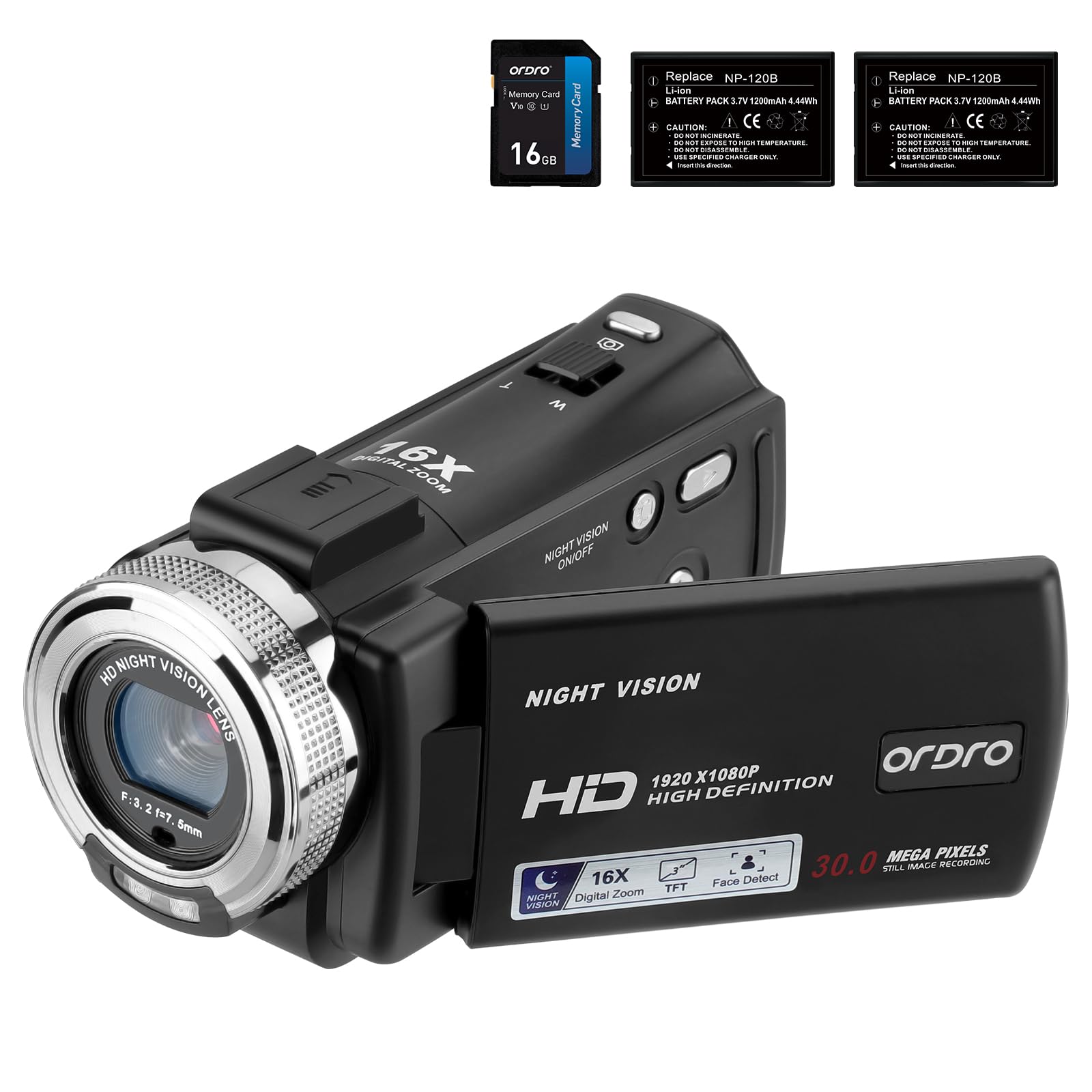 ORDRO HDV-V12 Video Camera Full HD Camcorder Digital Recorder | 1080P 30FPS 30MP | 3.0 Inch Rotation LCD | 16X Digital Zoom | Infrared Night Vision - Black (V12+16GB Card)