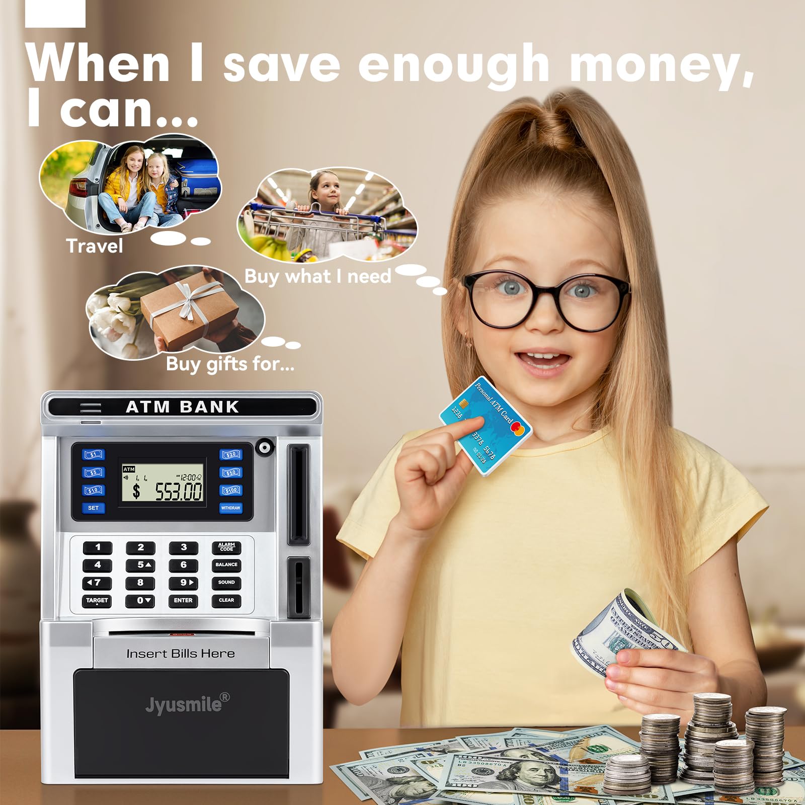ATM Piggy Bank for Kids, ATM Machine for Real Money, Electronic Savings Safe Box, Toy Gifts for Teen Boys Girls