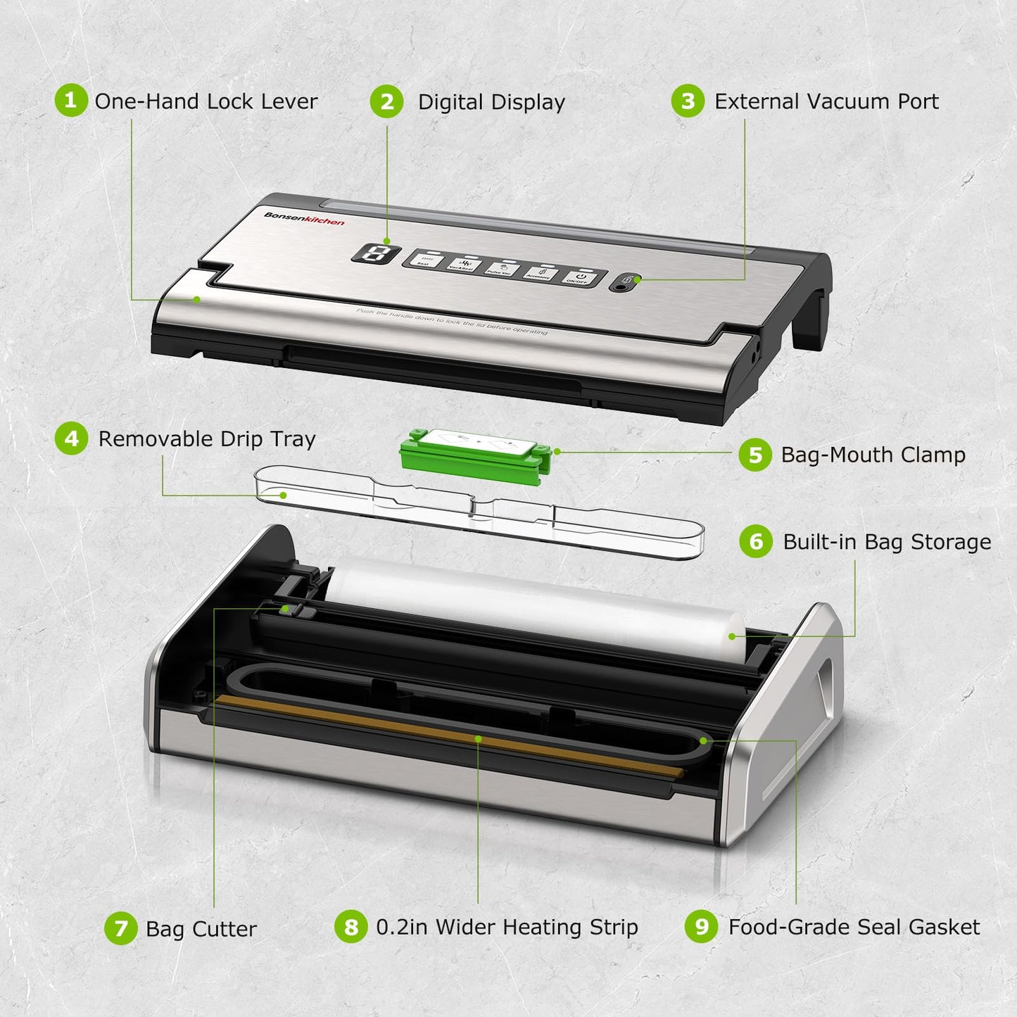 Bonsenkitchen Vacuum Sealer for Food, One-Hand Operation Food Vacuum Sealer Machine with 0.2-inch wider seal, Built-in Cutter and Bag Storage