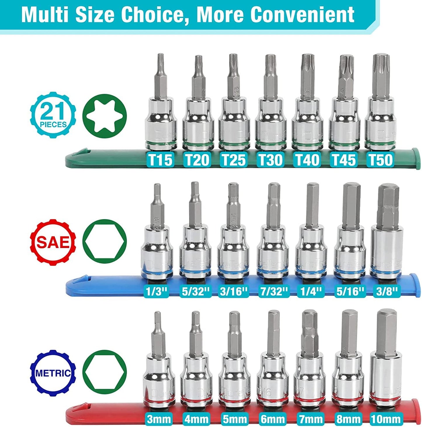 DURATECH Allen Bit Socket Set, 3/8'' Drive Torx, 21-Piece, Premium CR-V Socket and S2 Bits, Metric&SAE