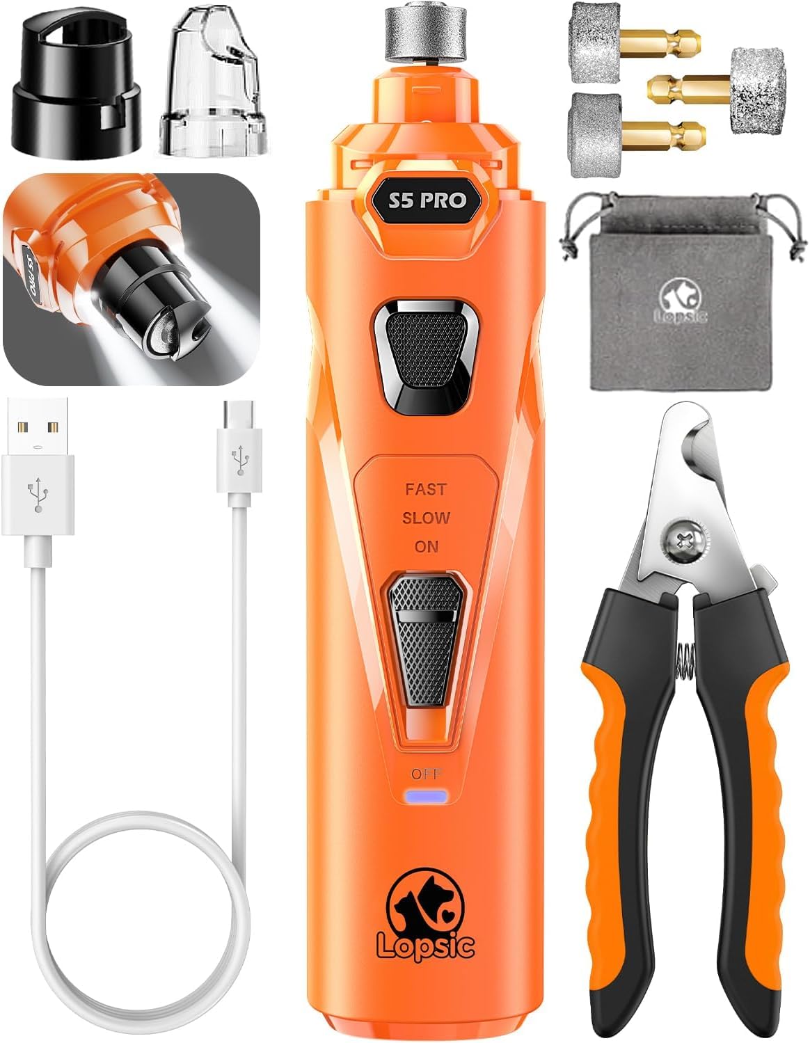 LOPSIC Whisper Quiet Dog Nail Grinder with LED Light, Safe & Stress-Free for Sensitive Dogs of All Breeds & Sizes, 3 Grinding Bits, 3-Speed, Pet Nail Trimmers, Rechargeable Painless Grooming Kit