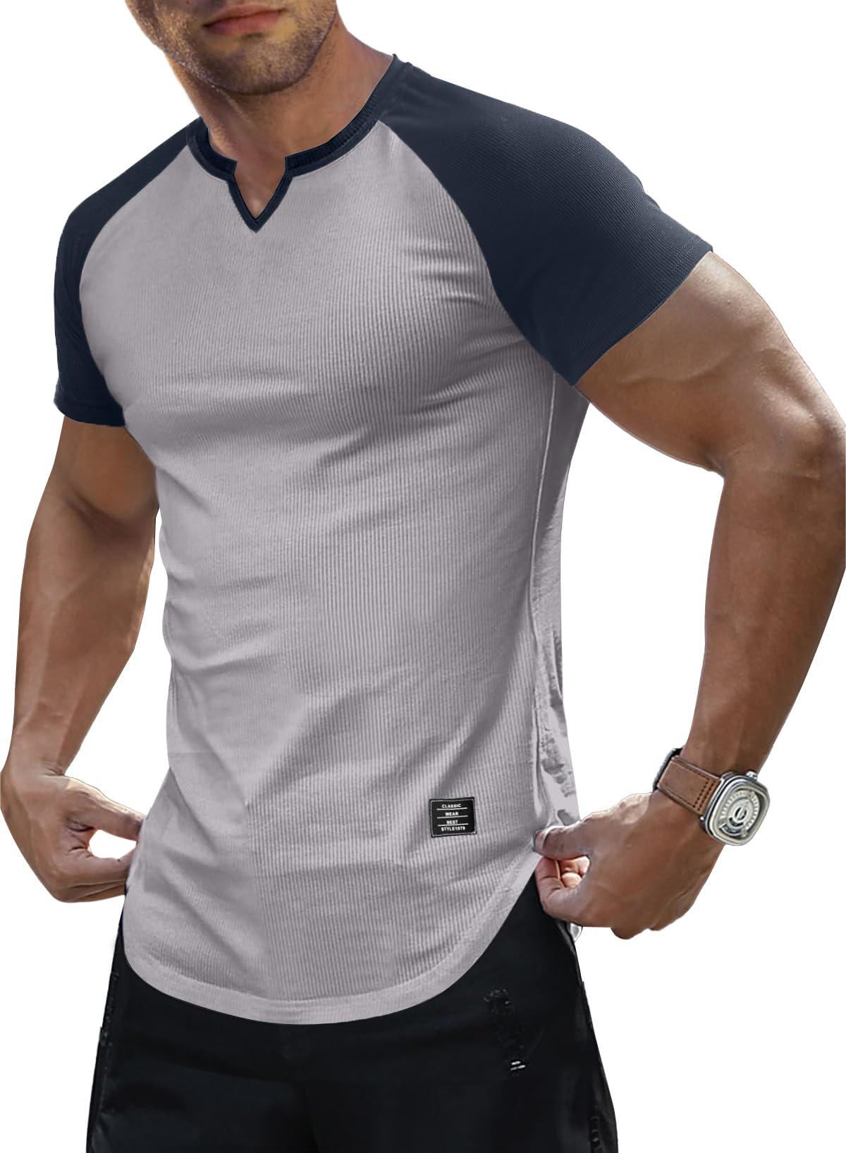 JMIERR Mens Muscle Slim T Shirts Texture V Neck Longline Henley Gym Workout Athletic Tee Shirt