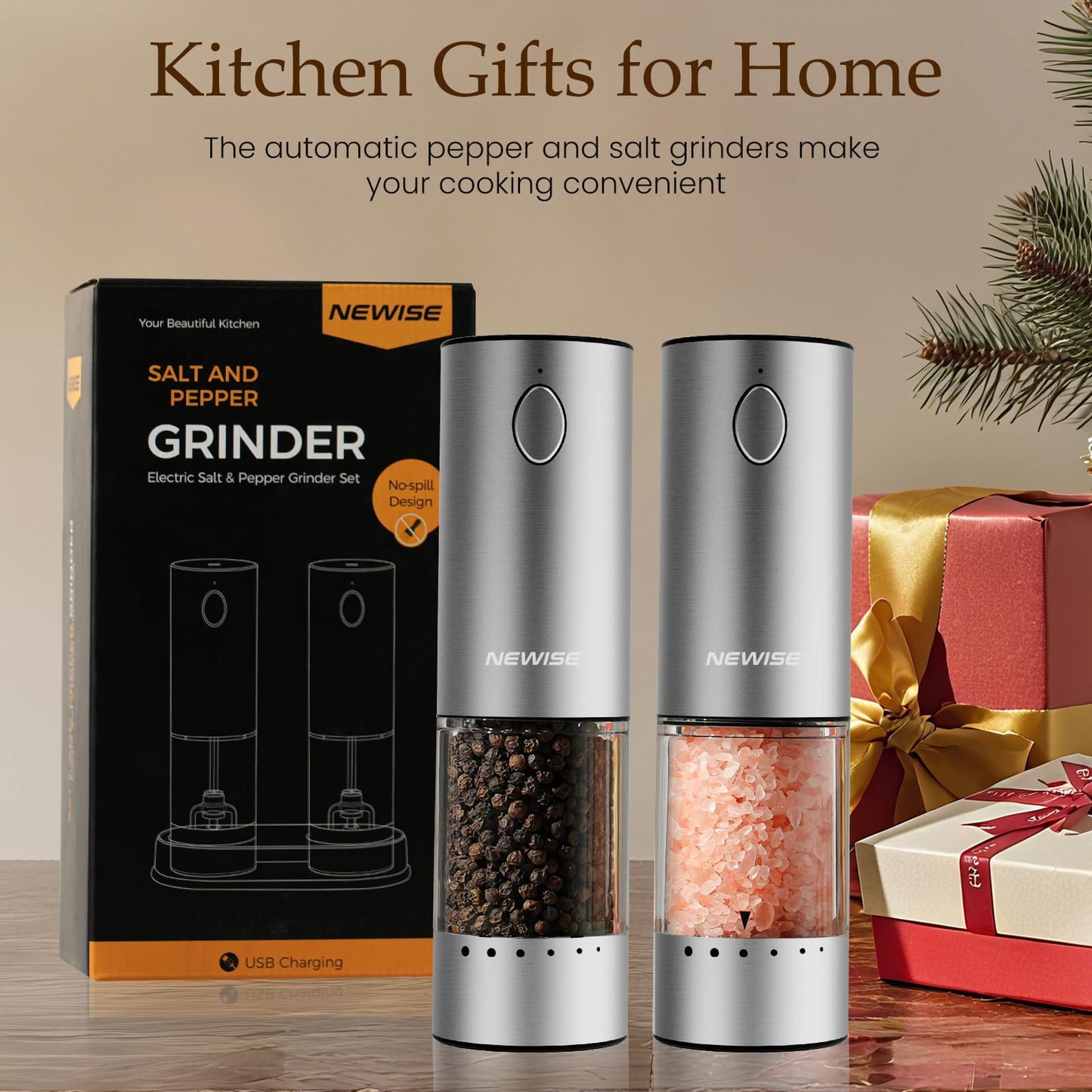 Newise Electric Salt and Pepper Grinder Set, Rechargeable Salt and Pepper Shakers with Wood Base, Adjustable Coarseness, Large Capacity, Stainless Steel