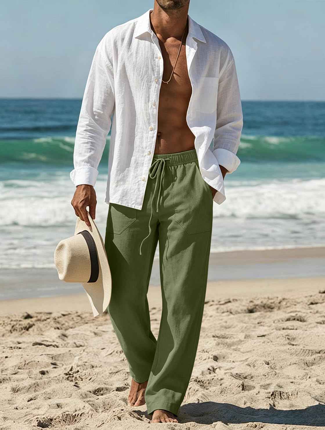 Puimentiua Cotton Linen Pants Men Casual Loose Fit Elastic Drawstring Waist Summer Beach Pants