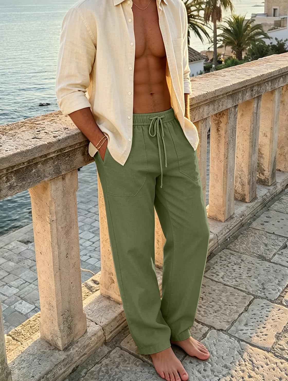 Puimentiua Cotton Linen Pants Men Casual Loose Fit Elastic Drawstring Waist Summer Beach Pants