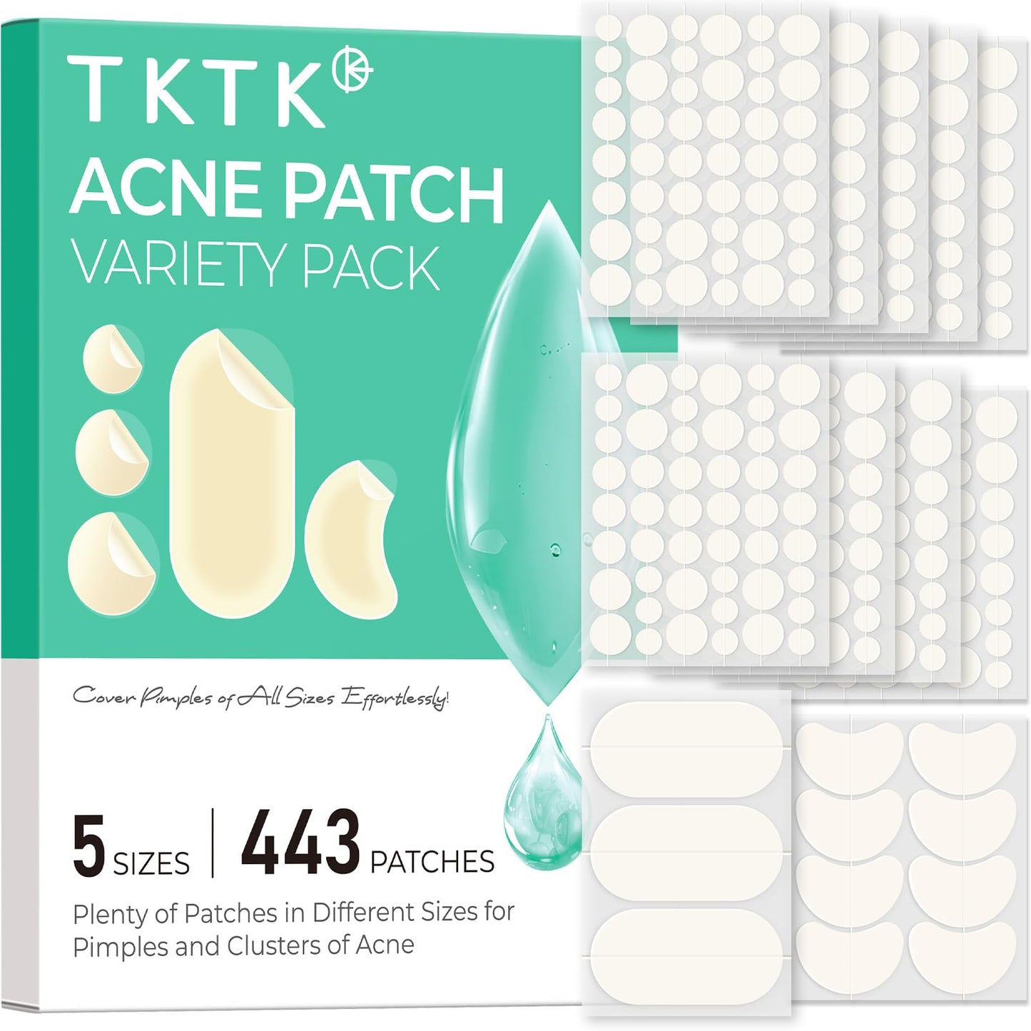 TKTK Chin Pimple Patches (100 Count 6 Sizes), XL Contoured Hydrocolloid Chin Patch 62x42 mm, Large Acne Patch for Face Blemishes Zit Breakouts, Maximum Absorption Overnight Stickers