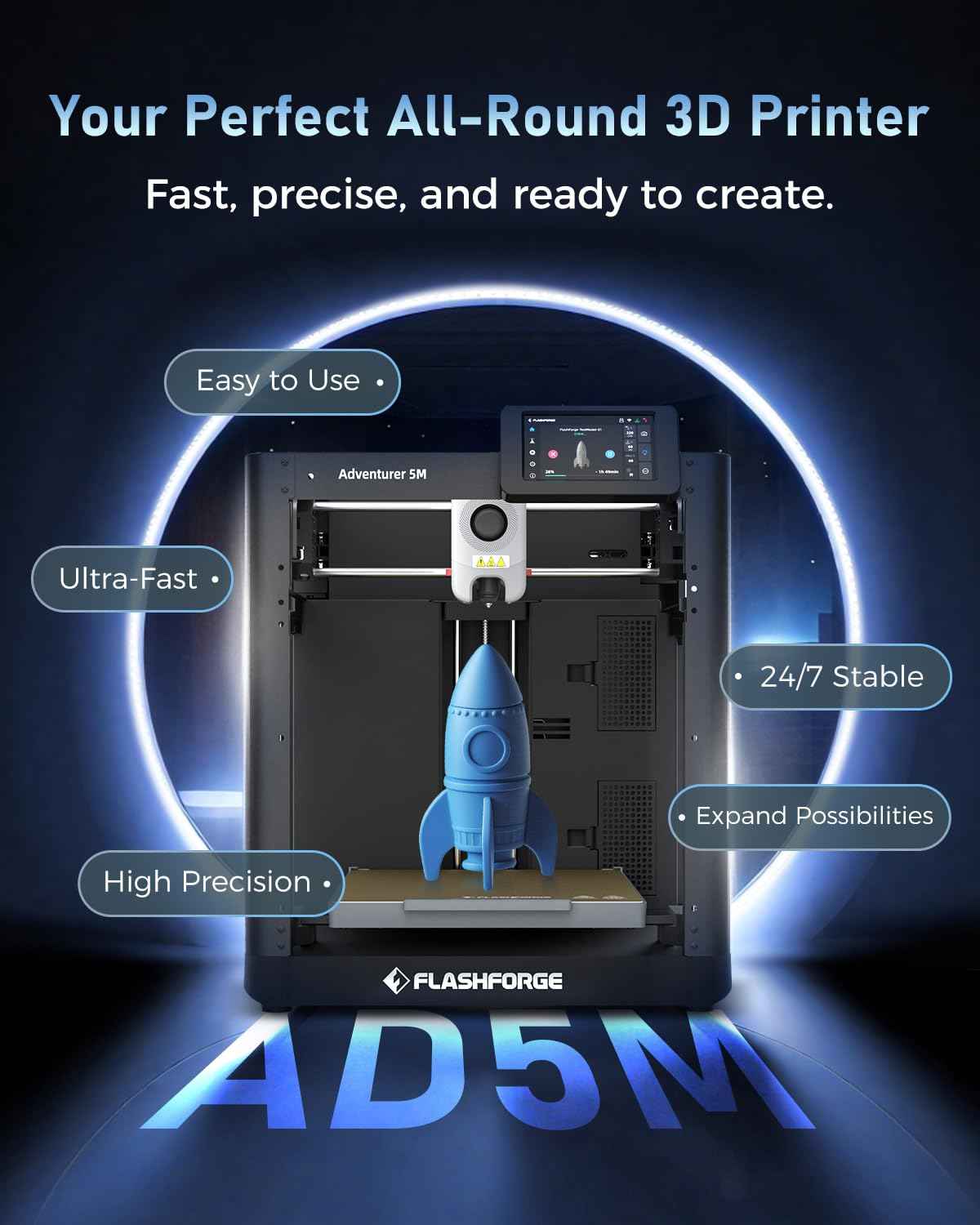FLASHFORGE 3D Printer AD5 Series with Fully Auto Leveling, 600mm/s High Speed, Quick Detachable Nozzle, Core XY All Metal Structure, Print Size 220x220x220mm