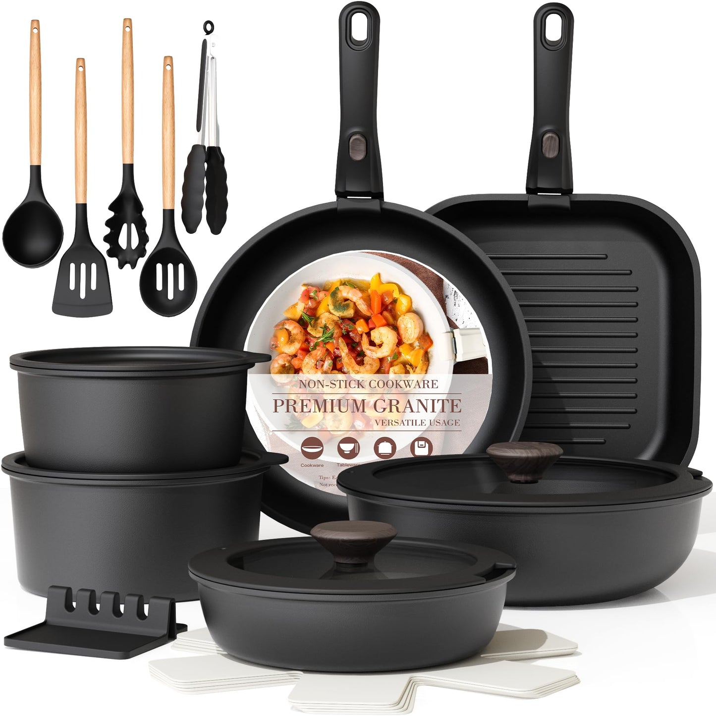 Astercook 21 Pcs Pots and Pans Set Non Stick, Ceramic Cookware Set Detachable Handle, RV Kitchen Cooking Set Removable Handles, Oven Safe, Induction Ready, Stackable, Black, Mothers Day Gifts